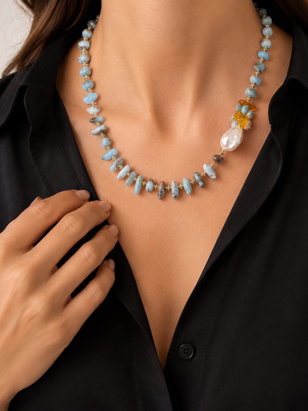 COLLANA ARTIGIANALE LARIMAR PERLE AMBRA ARGENTO r