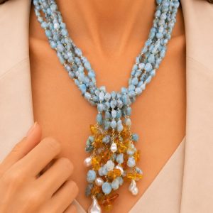 Collana Cascata Larimar Perle Ambra Argento 925 Placcato Oro