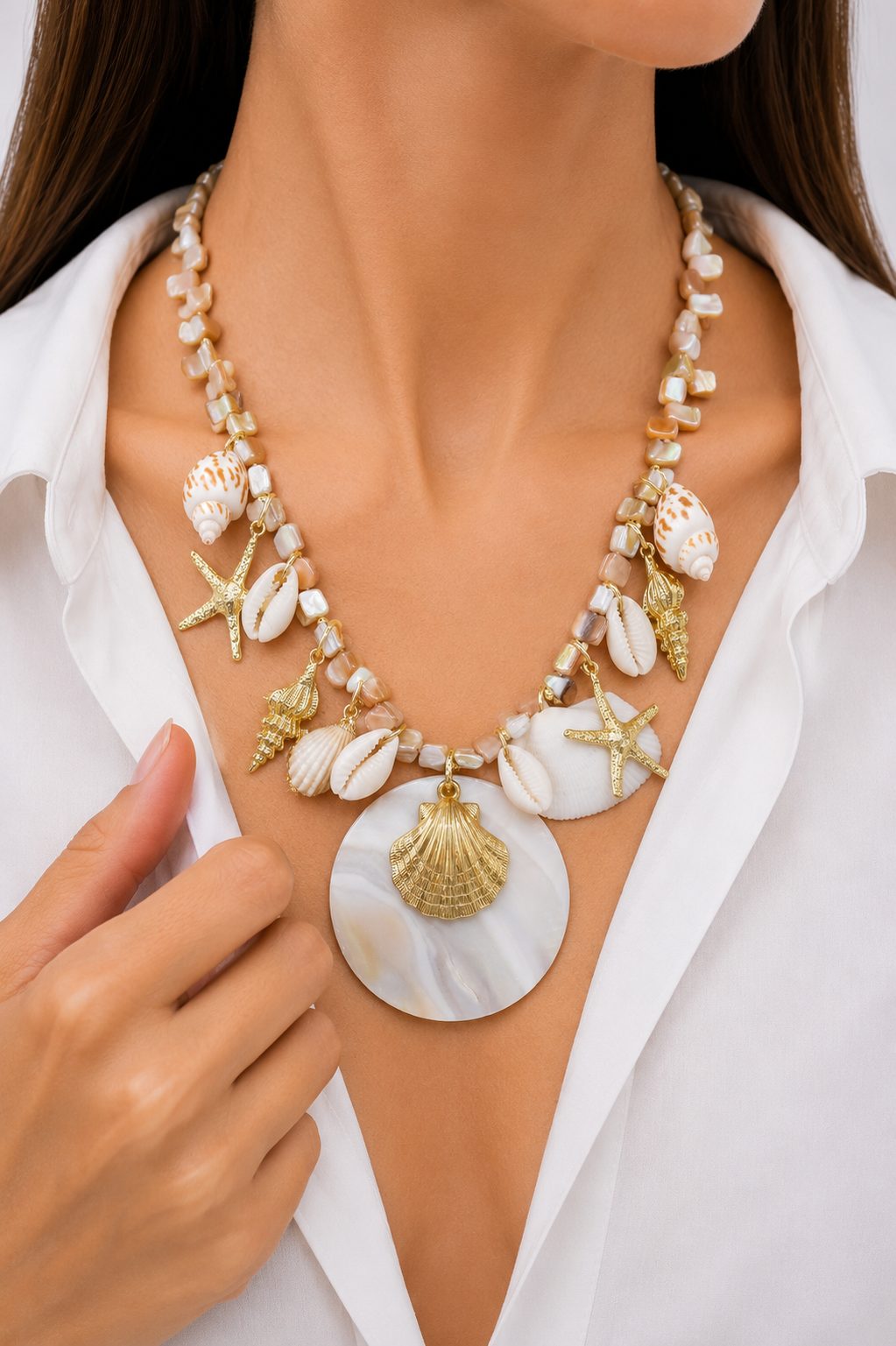 COLLANA ARTIGIANALE MADREPERLA CONCHIGLIE CONCHIGLIA OTTONE