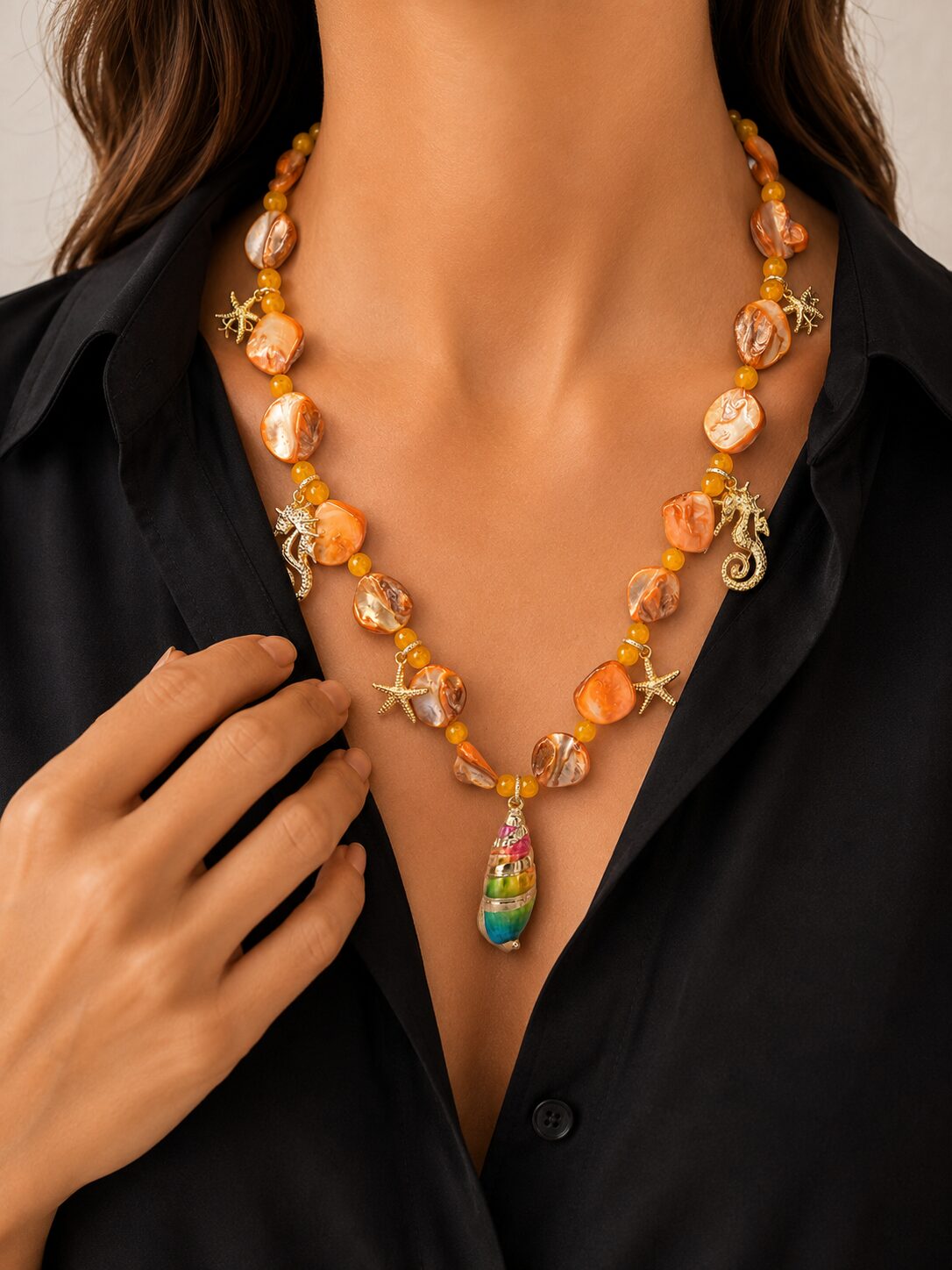 HANDMADE MOTHER OF PEARL NECKLACE, OCHRE JADE, OCHRE SHELL, STARS, HORSE