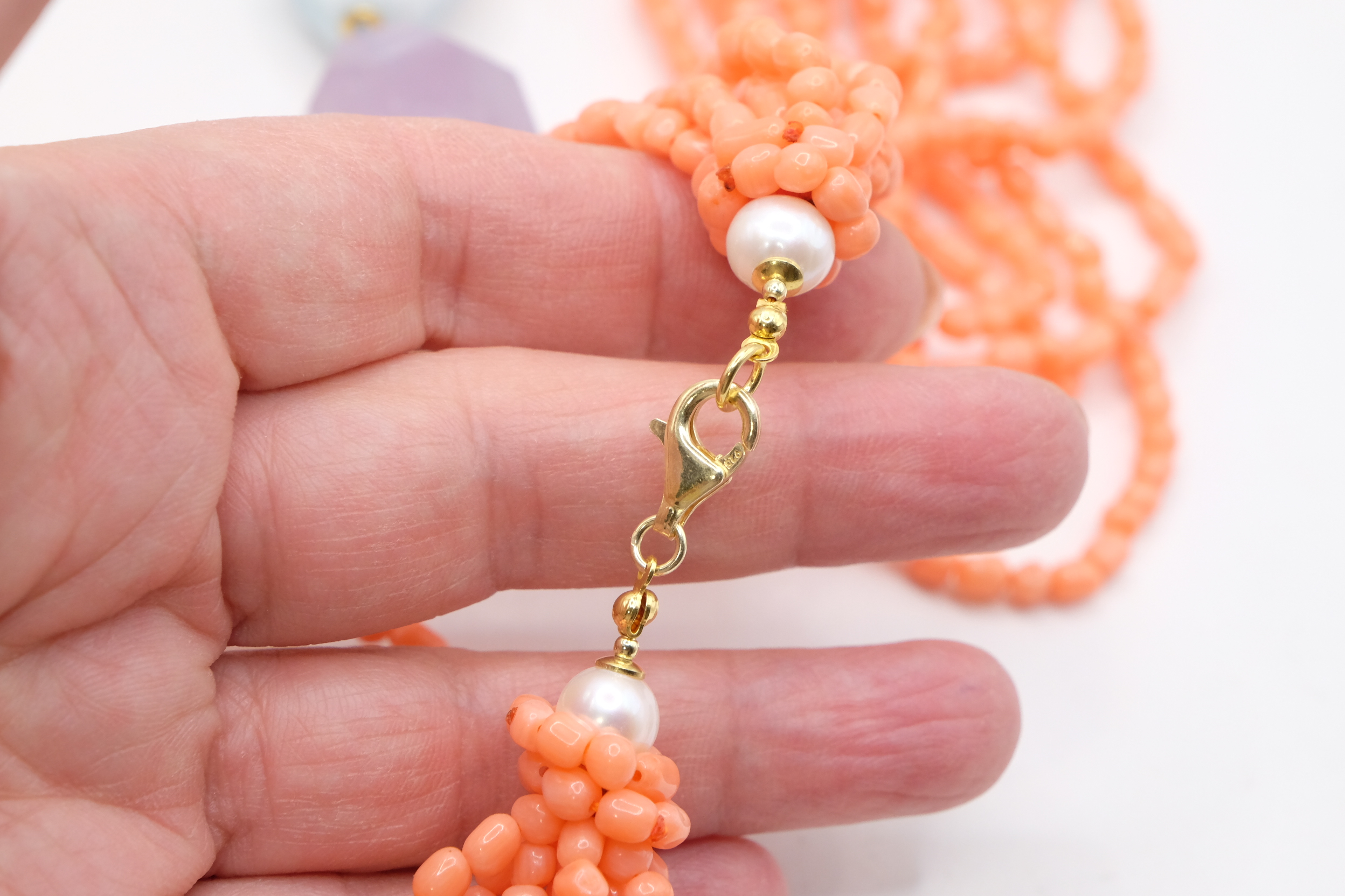 HANDMADE MULTI-STRAND NECKLACE WITH BAMBOO CORAL, SALMON, LARGE PEARL, AMETHYST, AQUAMARINE (1)