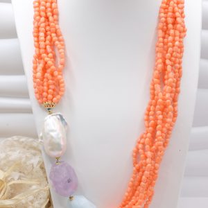 Collana Multifilo Corallo Bamboo Ametista Acquamarina Perle Argento
