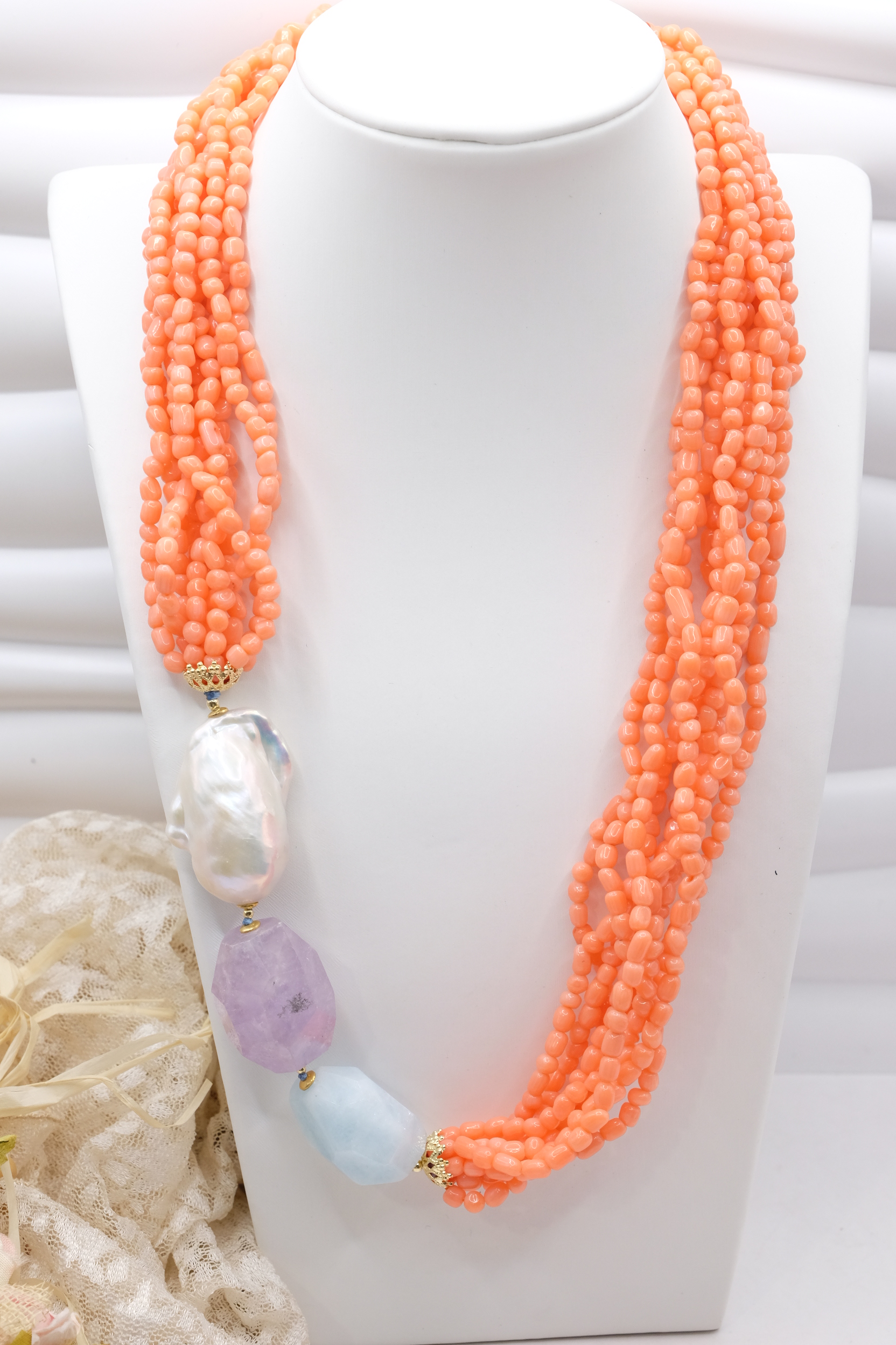 HANDMADE MULTI-STRAND NECKLACE WITH BAMBOO CORAL, SALMON, LARGE PEARL, AMETHYST, AQUAMARINE (2)