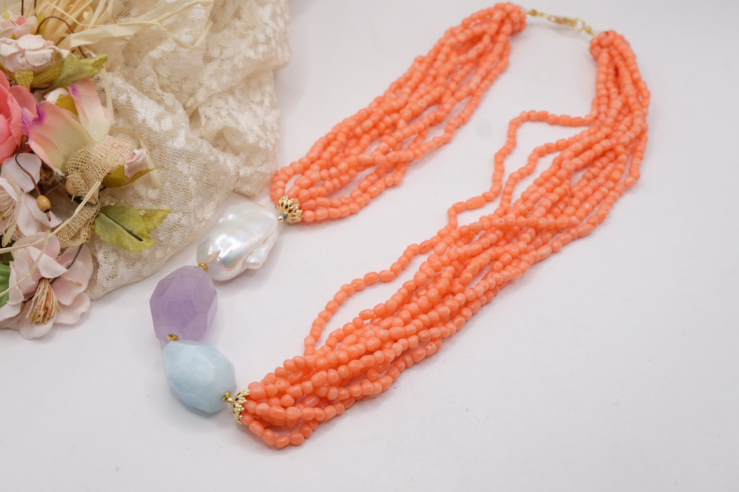 HANDMADE MULTI-STRAND NECKLACE WITH BAMBOO CORAL, SALMON, LARGE PEARL, AMETHYST, AQUAMARINE (3)
