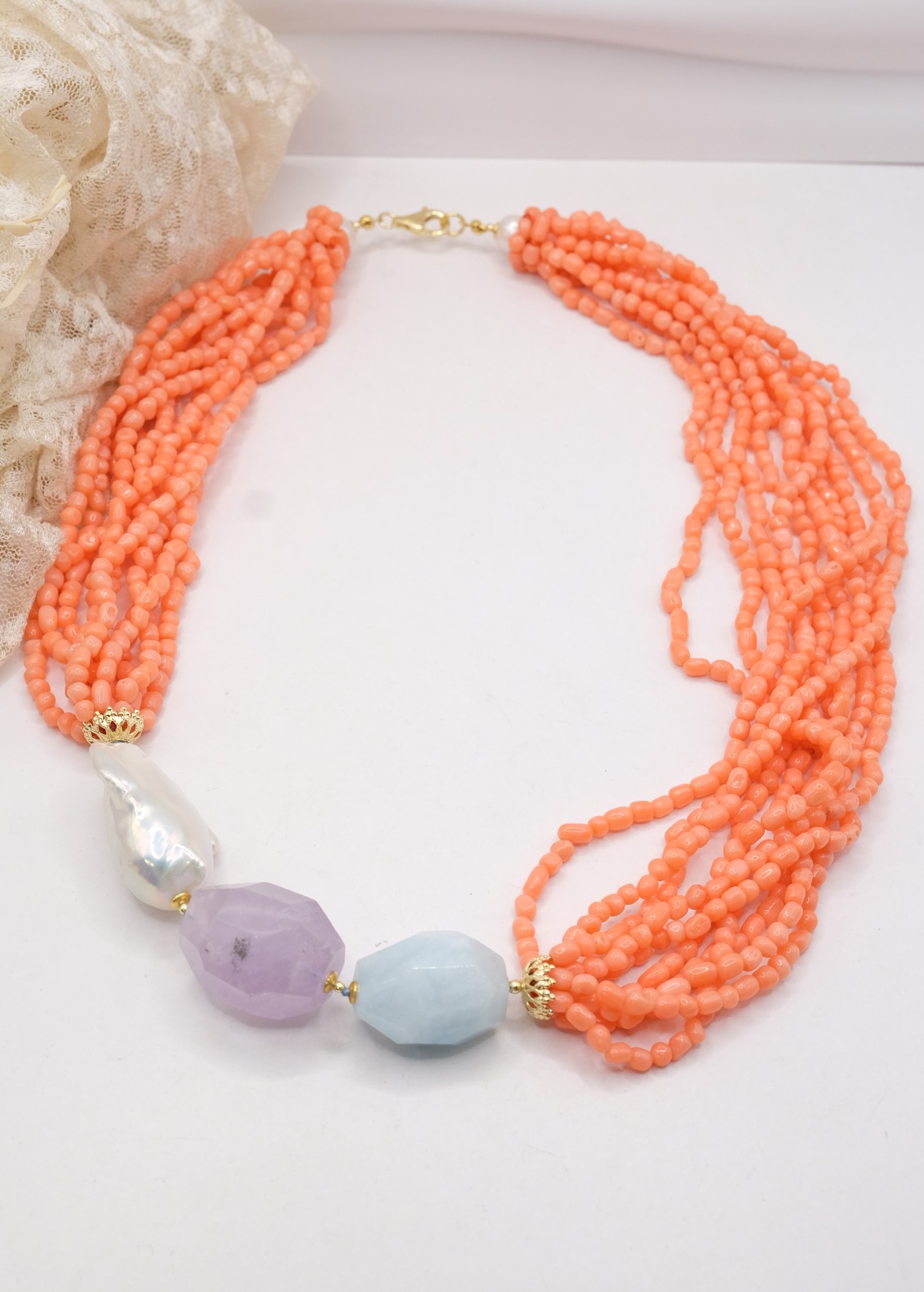 HANDMADE MULTI-STRAND NECKLACE WITH BAMBOO CORAL, SALMON, LARGE PEARL, AMETHYST, AQUAMARINE (7)