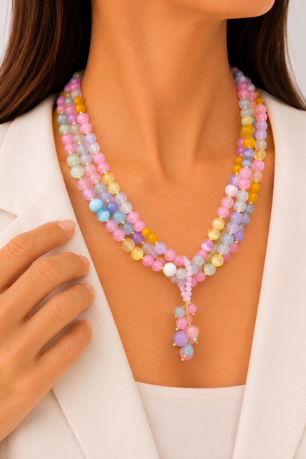 Handmade multi-strand cat's eye necklace in pastel colors