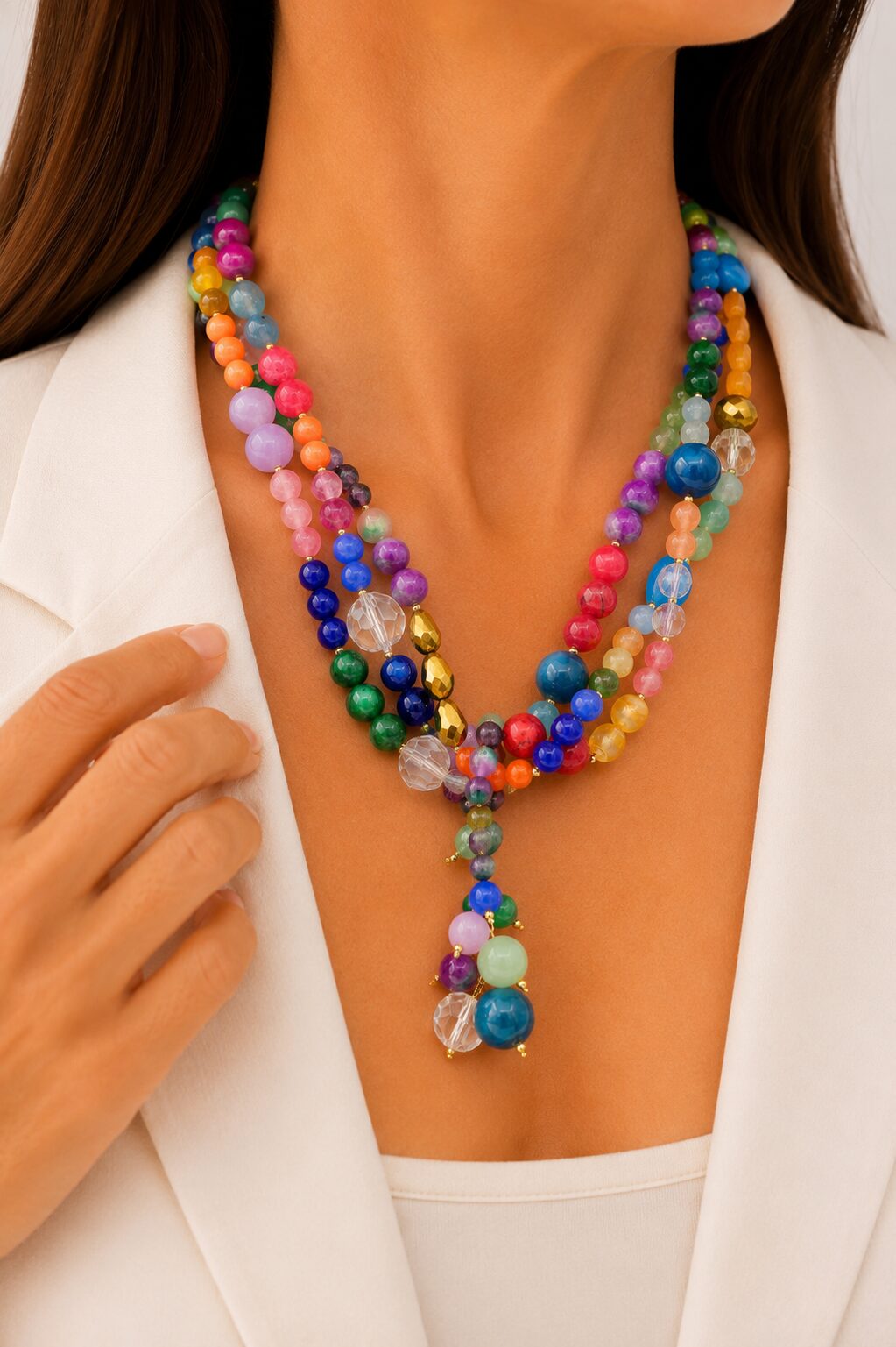 BRIGHTLY COLORED, HANDMADE, MULTI-STRAIN CAT'S EYE NECKLACE
