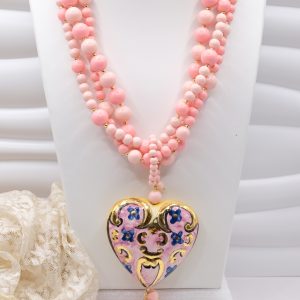 Collana Multifilo Pasta di Corallo Rosa Cuore Paffuto Ceramica di Caltagirone