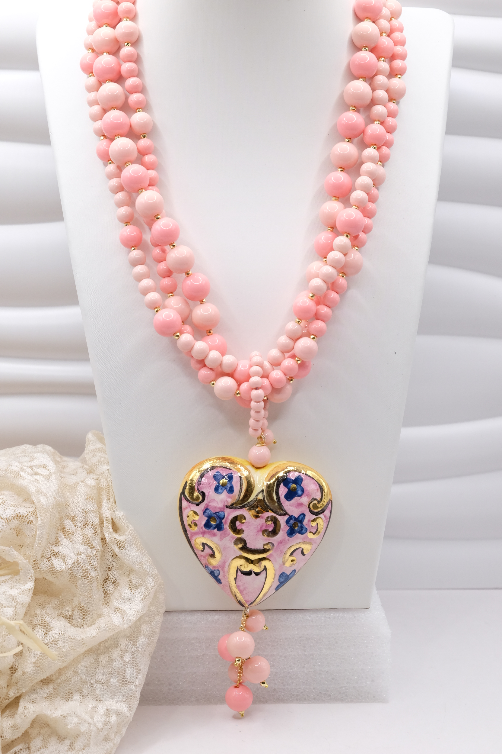 COLLANA ARTIGIANALE MULTIFILO PASTA DI CORALLO ROSA CUORE PAFFUTO CERAMICA DI CALTAGIRONE SICILIA SICILIANA ARTISTICA (2)