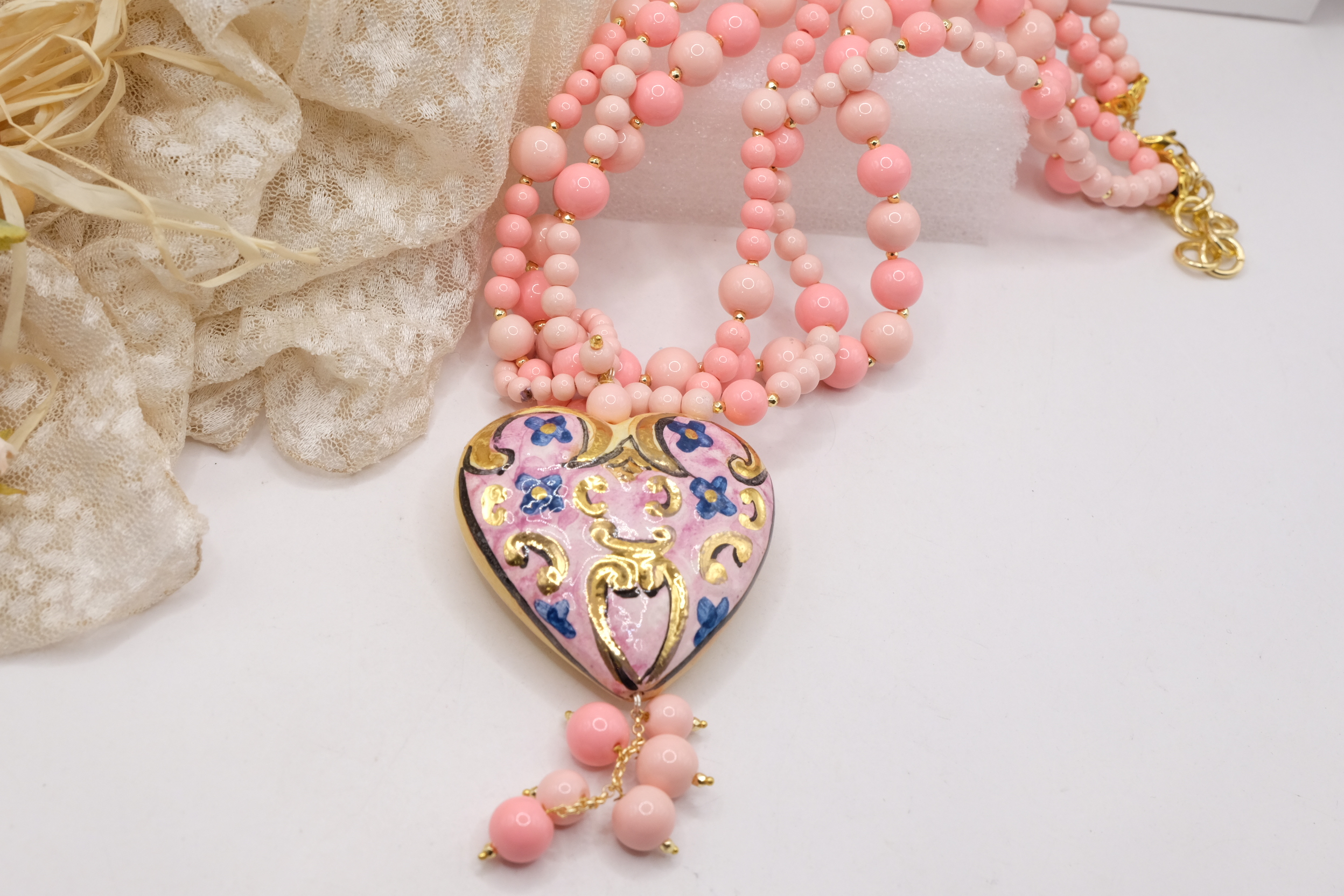 COLLANA ARTIGIANALE MULTIFILO PASTA DI CORALLO ROSA CUORE PAFFUTO CERAMICA DI CALTAGIRONE SICILIA SICILIANA ARTISTICA (3)