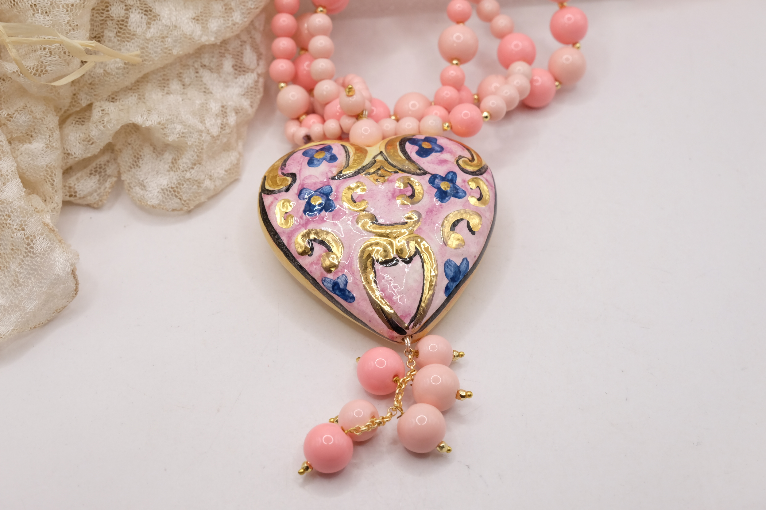 COLLANA ARTIGIANALE MULTIFILO PASTA DI CORALLO ROSA CUORE PAFFUTO CERAMICA DI CALTAGIRONE SICILIA SICILIANA ARTISTICA (4)