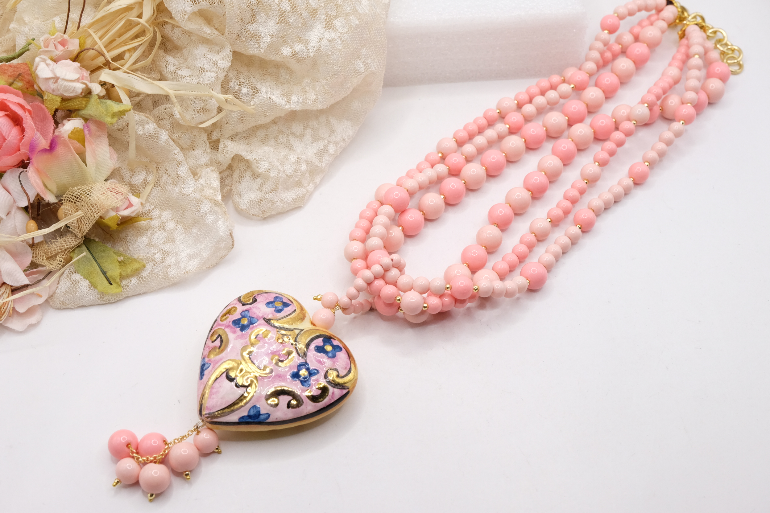 COLLANA ARTIGIANALE MULTIFILO PASTA DI CORALLO ROSA CUORE PAFFUTO CERAMICA DI CALTAGIRONE SICILIA SICILIANA ARTISTICA (7)