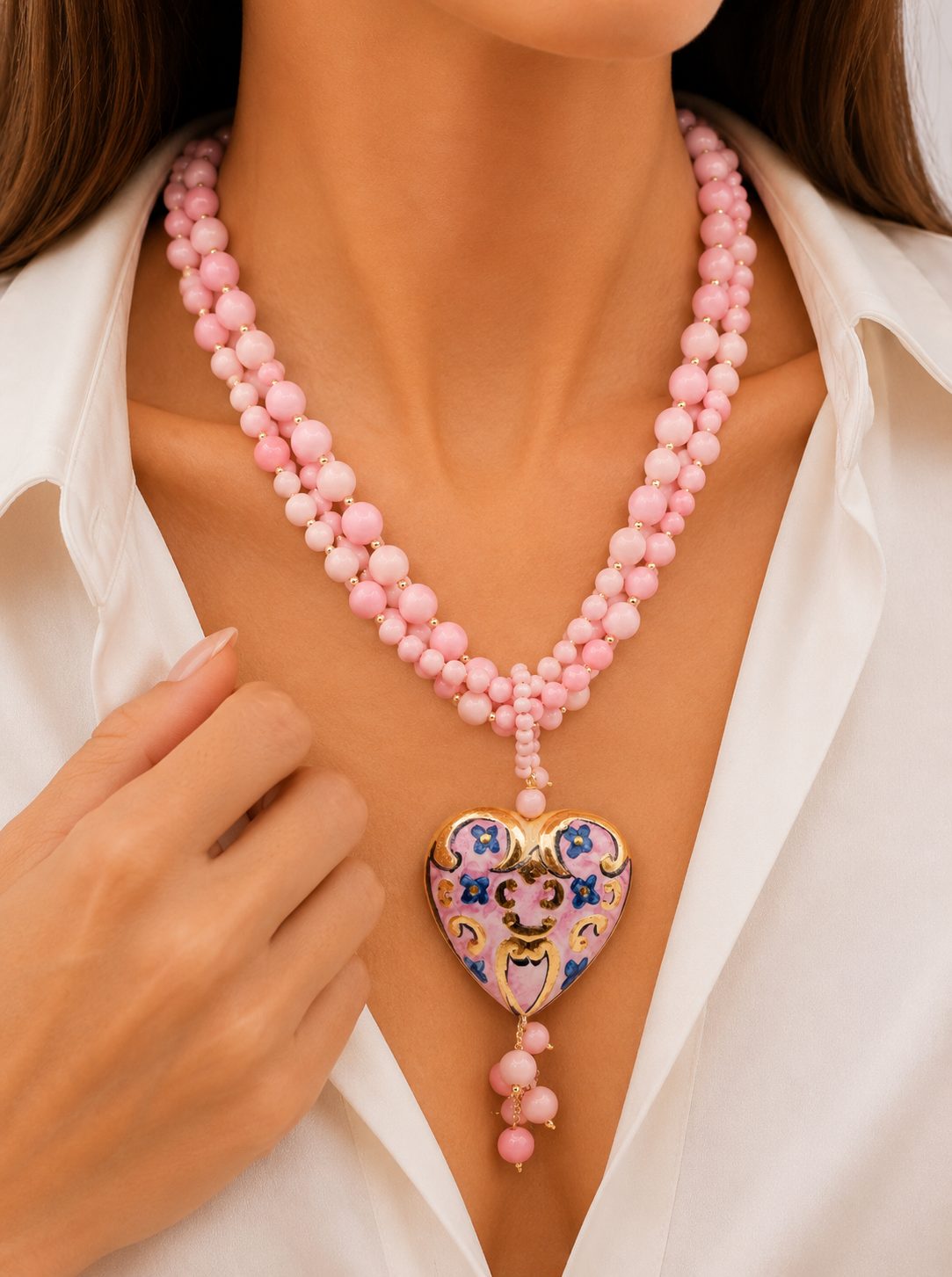 COLLANA ARTIGIANALE MULTIFILO PASTA DI CORALLO ROSA CUORE PAFFUTO CERAMICA DI CALTAGIRONE SICILIA SICILIANA ARTISTICA