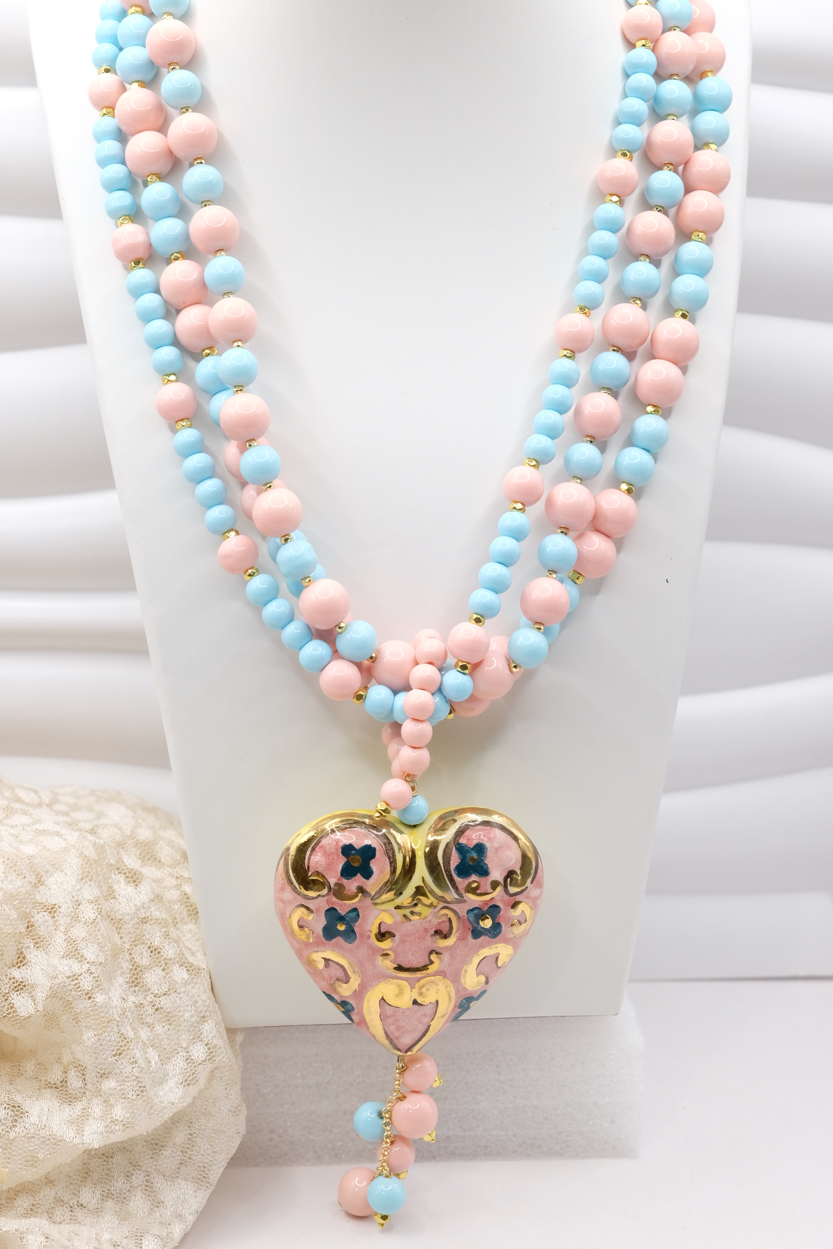 COLLANA ARTIGIANALE MULTIFILO PASTA DI CORALLO ROSA PASTA DI TURCHESE CUORE PAFFUTO CERAMICA DI CALTAGIRONE SICILIA SICILIANA ARTISTICA (2)