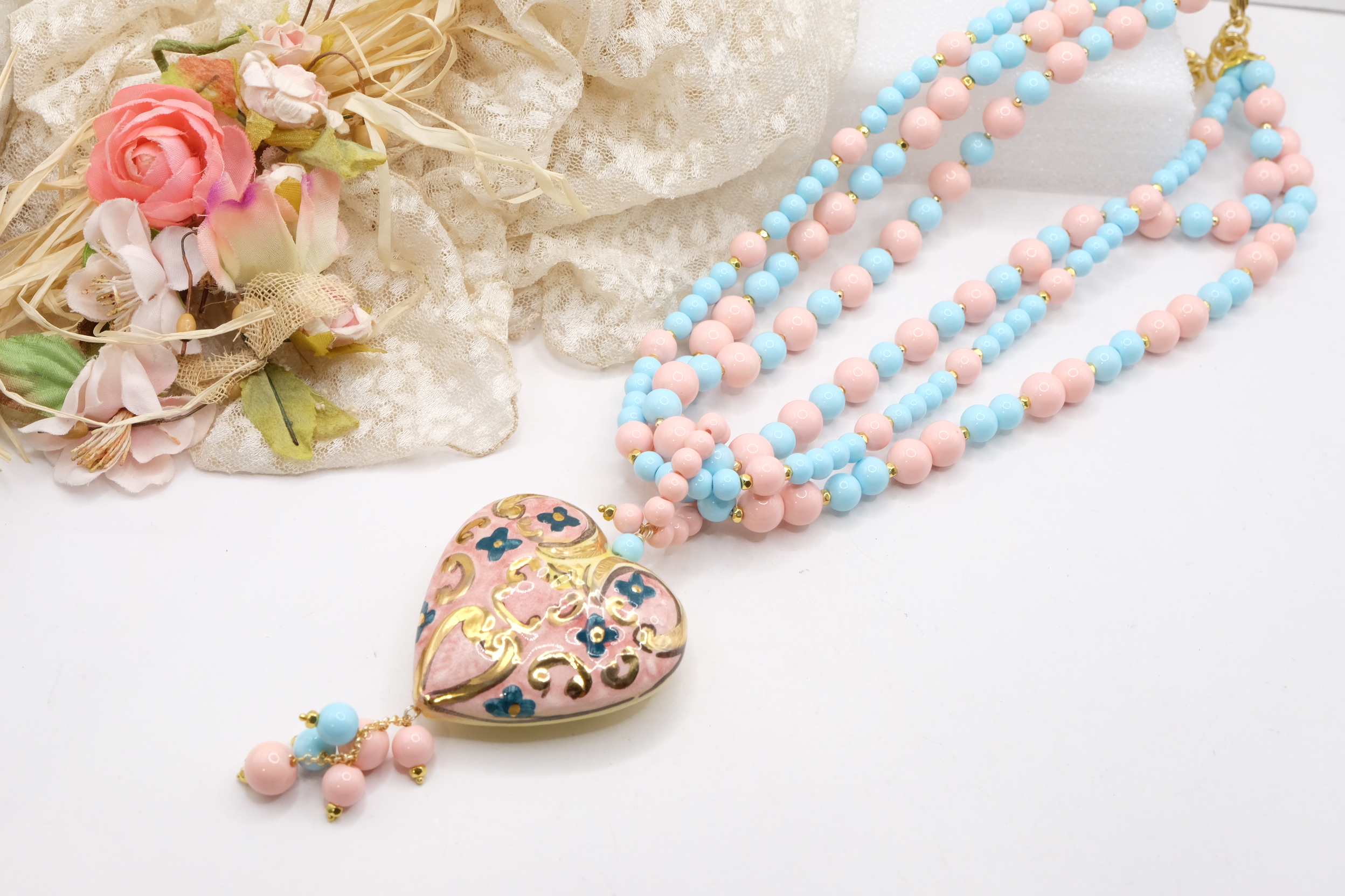 COLLANA ARTIGIANALE MULTIFILO PASTA DI CORALLO ROSA PASTA DI TURCHESE CUORE PAFFUTO CERAMICA DI CALTAGIRONE SICILIA SICILIANA ARTISTICA (3)
