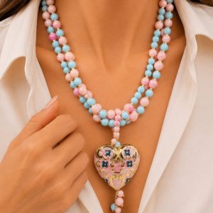 Collana Multifilo Pasta di Corallo e Turchese Cuore Paffuto Ceramica di Caltagirone