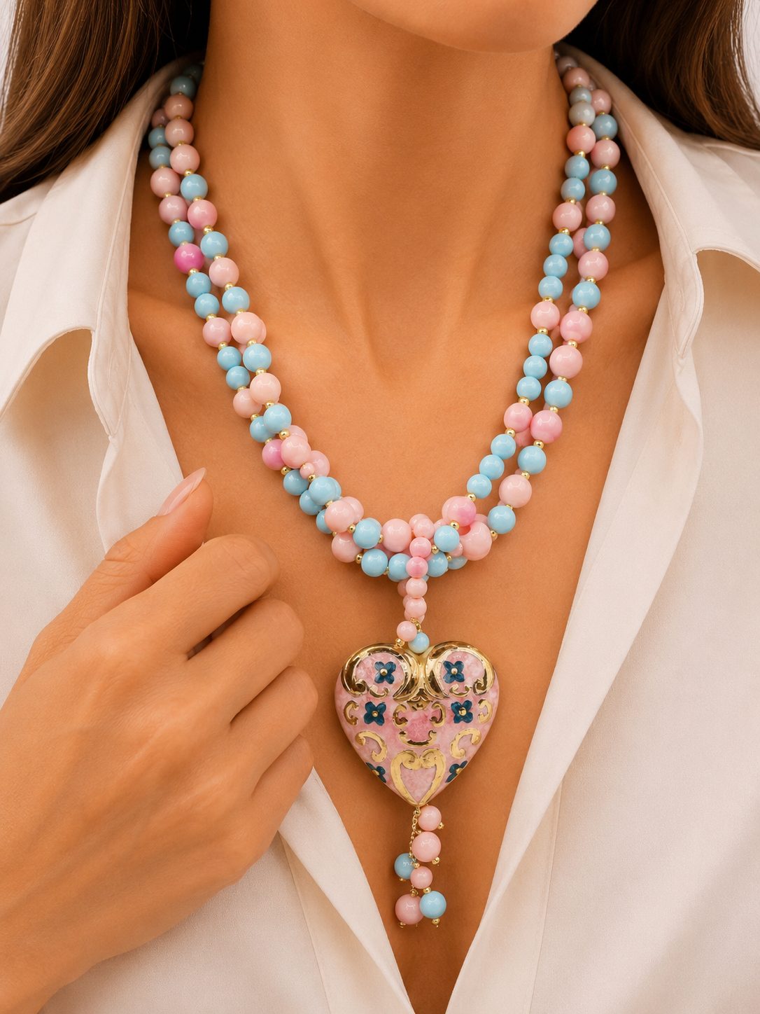 COLLANA ARTIGIANALE MULTIFILO PASTA DI CORALLO ROSA PASTA DI TURCHESE CUORE PAFFUTO CERAMICA DI CALTAGIRONE SICILIA SICILIANA ARTISTICA