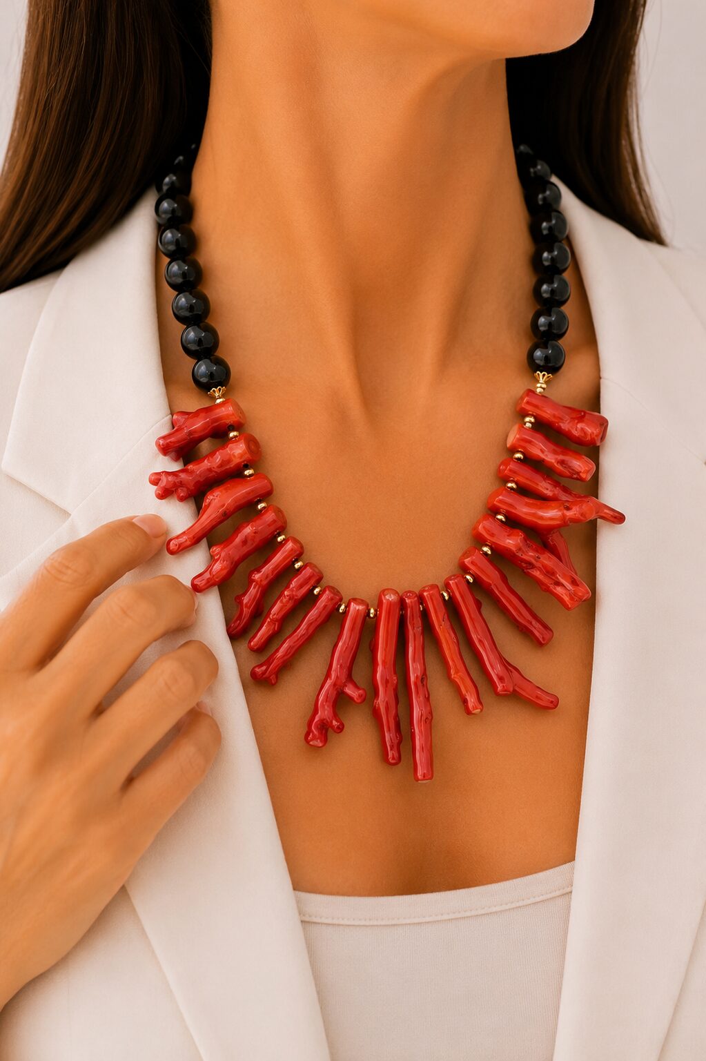 HANDMADE ONYX CORAL BAMBOO LARGE BRANCHES NECKLACE
