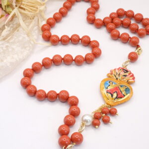 Collana Decoltè Pasta di Corallo Rosso Sacro Cuore Ceramica Perle