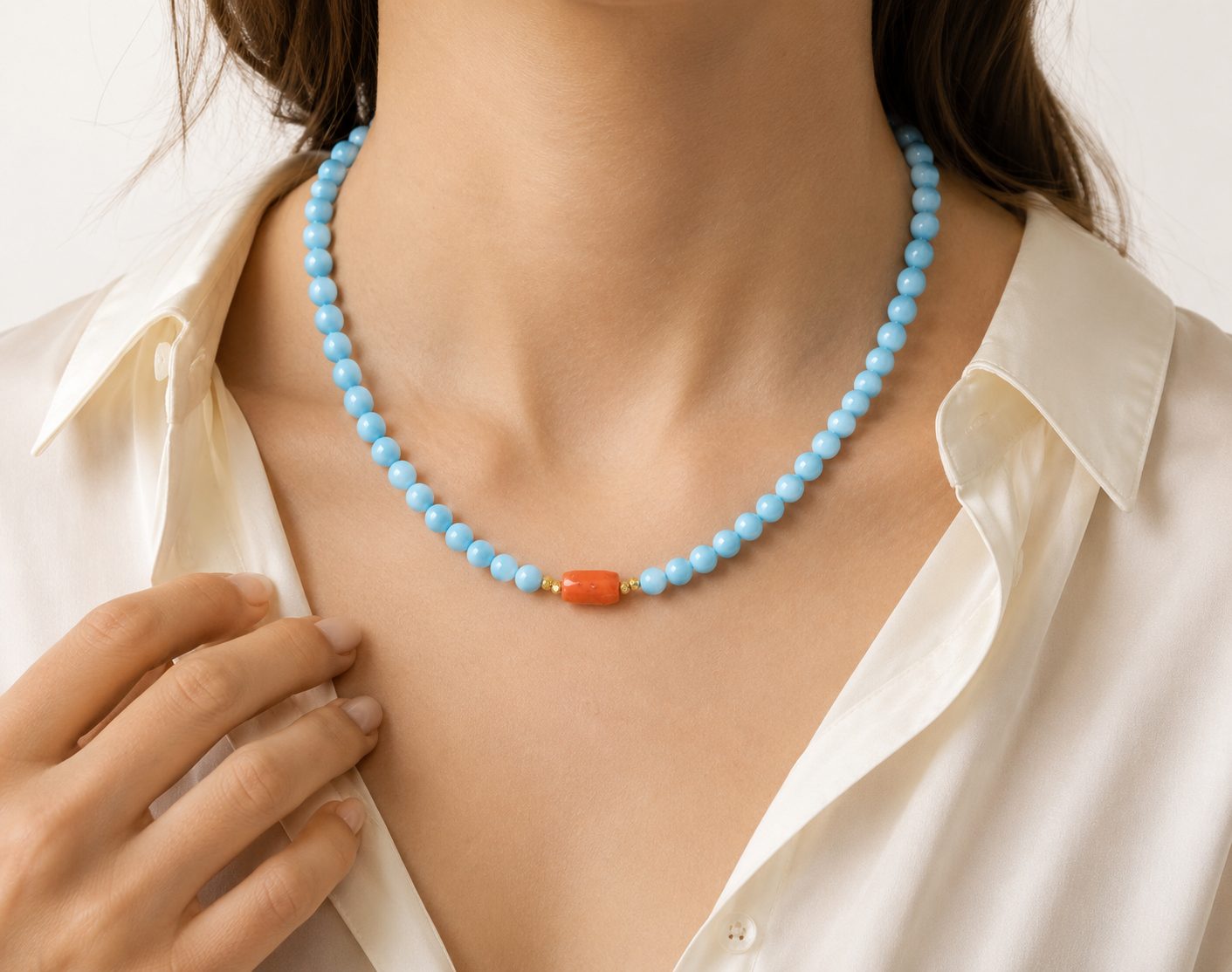 COLLANA ARTIGIANALE PASTA DI TURCHESE CORALLO BAMBOO