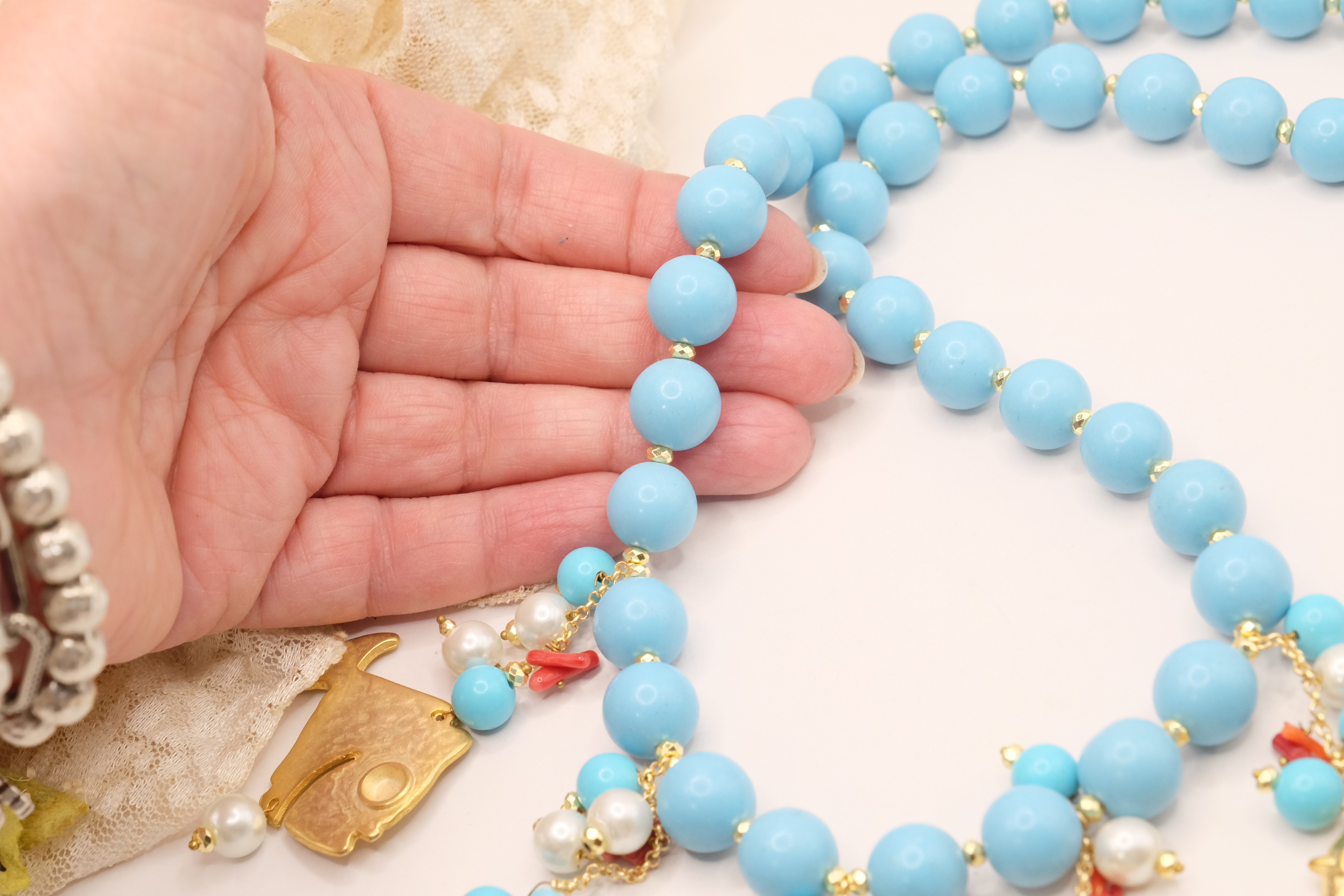 COLLANA ARTIGIANALE PASTA DI TURCHESE PESCE CAVALLUCCIO RAMO CORALLO POLPO PERLE CORALLO (6)