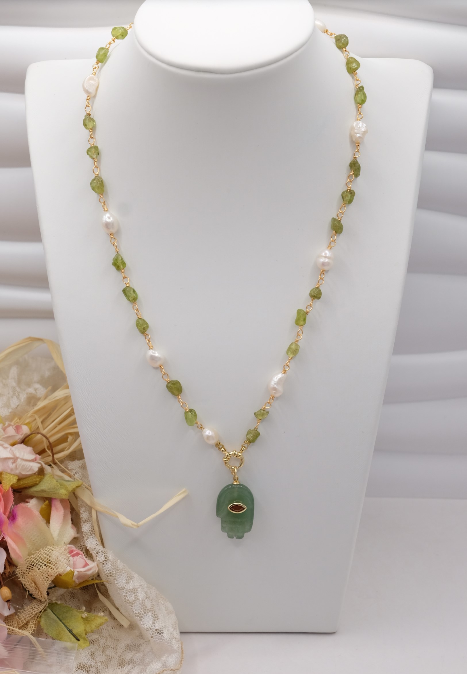 COLLANA ARTIGIANALE PERIDOTI VERDI PERLE GIADA ZIRCONE (1)