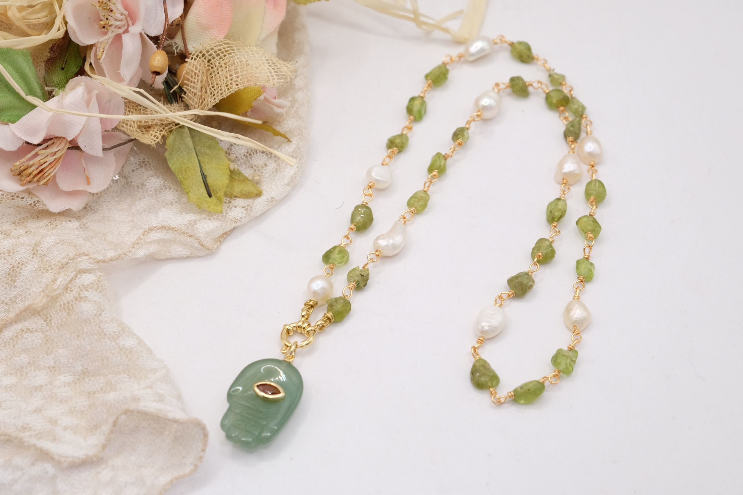COLLANA ARTIGIANALE PERIDOTI VERDI PERLE GIADA ZIRCONE (3)