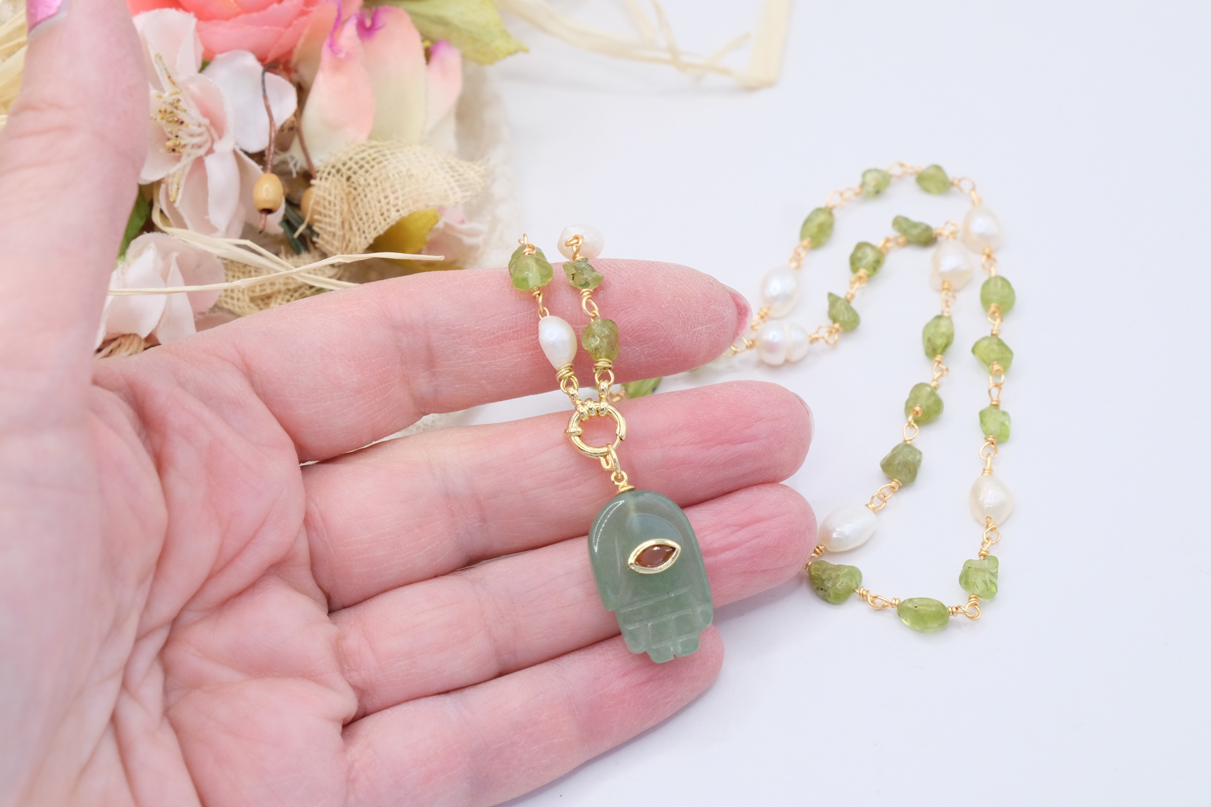 COLLANA ARTIGIANALE PERIDOTI VERDI PERLE GIADA ZIRCONE (4)
