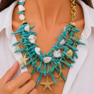 Collana Multifilo Turchese Conchiglie Madreperla Stella Marina Ramo Corallo