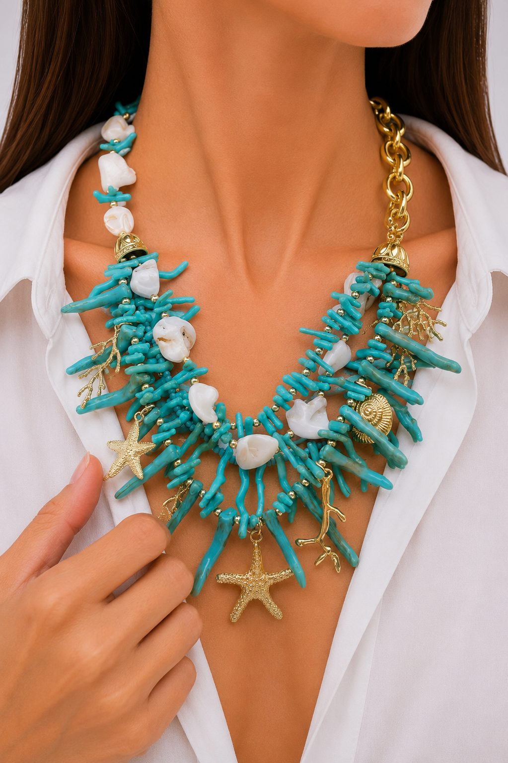 COLLANA ARTIGIANALE RAMI TURCHESE CORALLO CONCHIGLIE PESCE STELLA MARINA OTTONE (2)