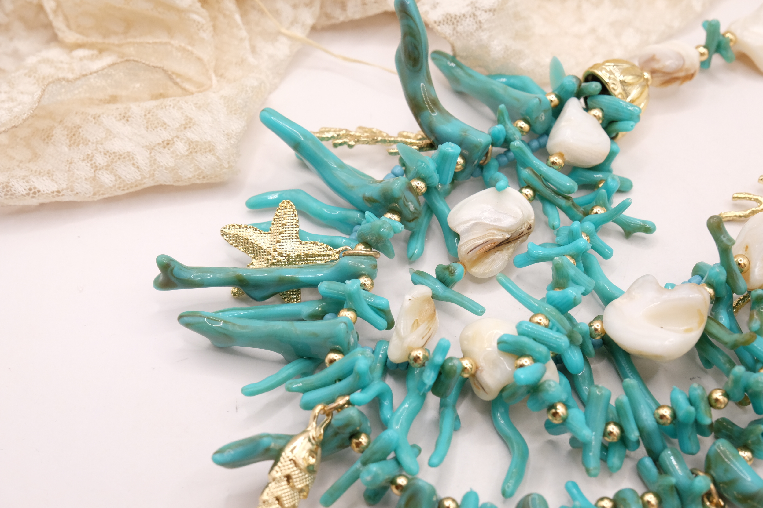 COLLANA ARTIGIANALE RAMI TURCHESE CORALLO CONCHIGLIE PESCE STELLA MARINA OTTONE (6)