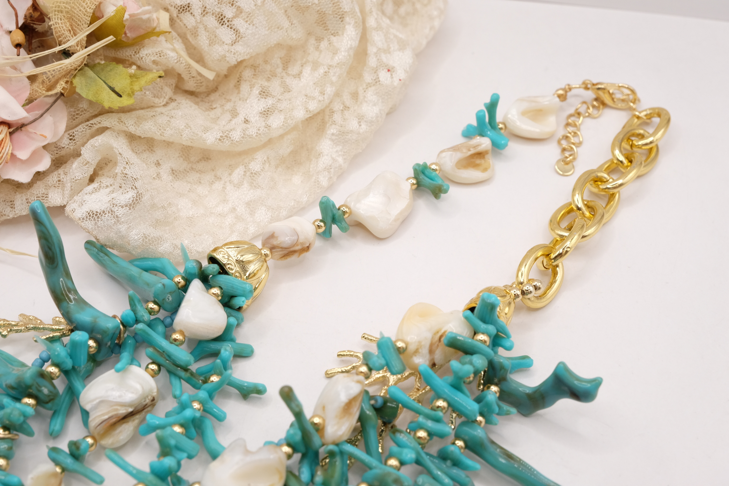COLLANA ARTIGIANALE RAMI TURCHESE CORALLO CONCHIGLIE PESCE STELLA MARINA OTTONE (8)