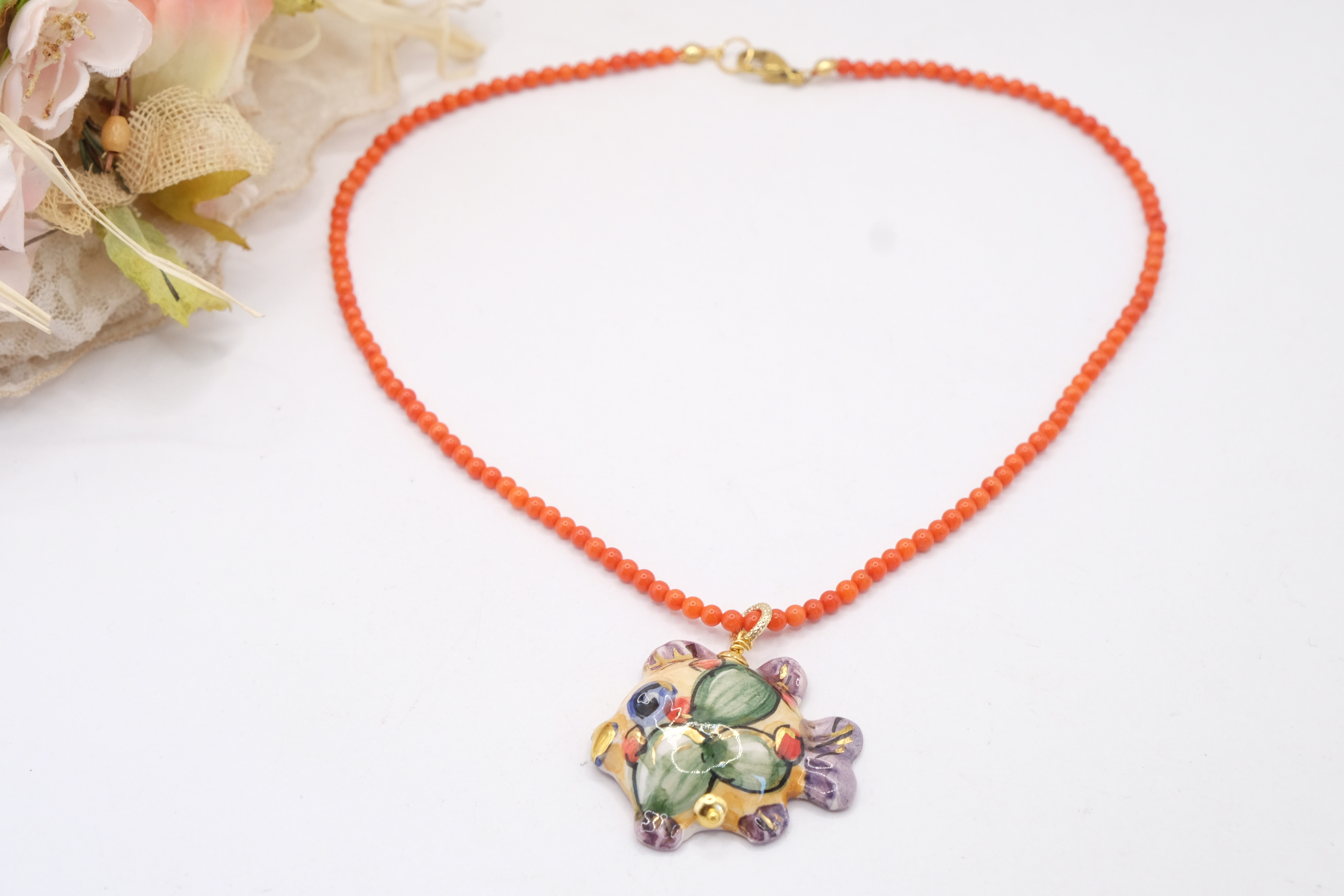 COLLANA ARTIGIANALE SICILIANA CORALLO BAMBOO PESCE CERAMICA DI CALTAGIRONE ORO ZECCHINI (1)