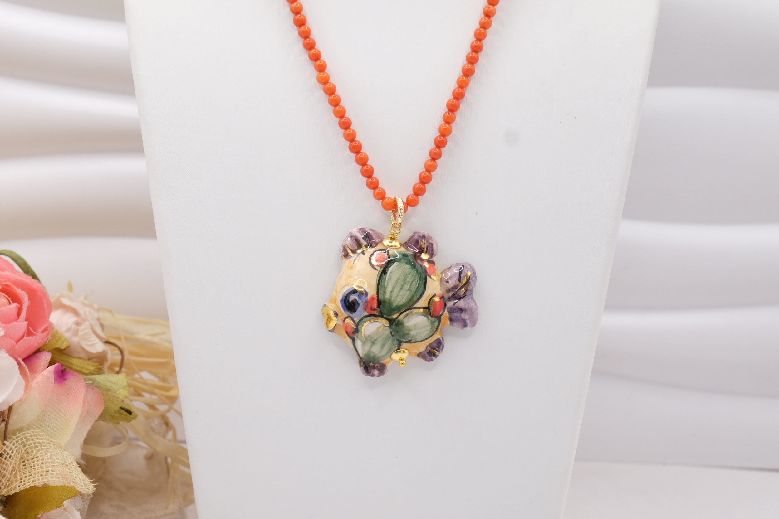 COLLANA ARTIGIANALE SICILIANA CORALLO BAMBOO PESCE CERAMICA DI CALTAGIRONE ORO ZECCHINI (2)