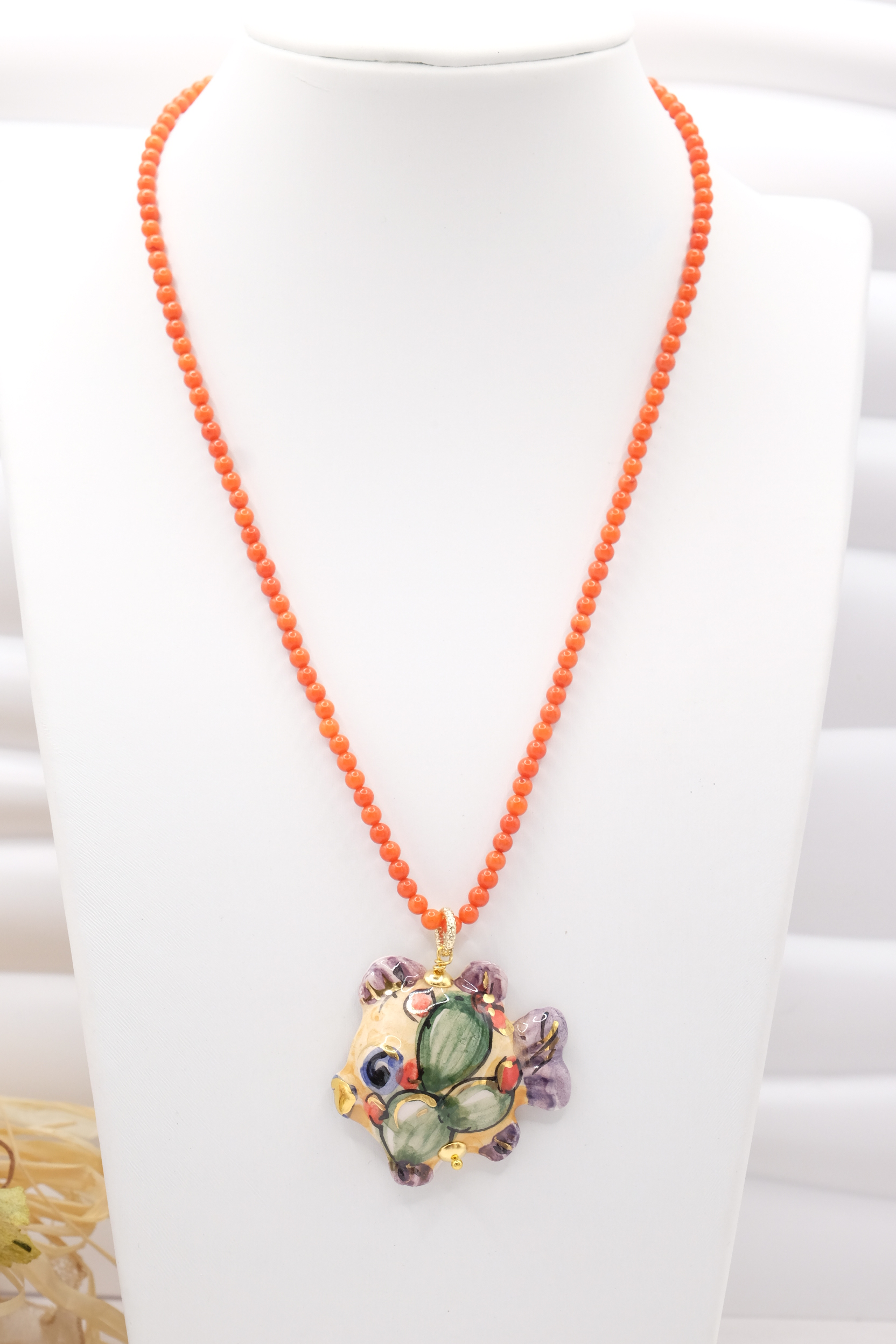 COLLANA ARTIGIANALE SICILIANA CORALLO BAMBOO PESCE CERAMICA DI CALTAGIRONE ORO ZECCHINI (3)