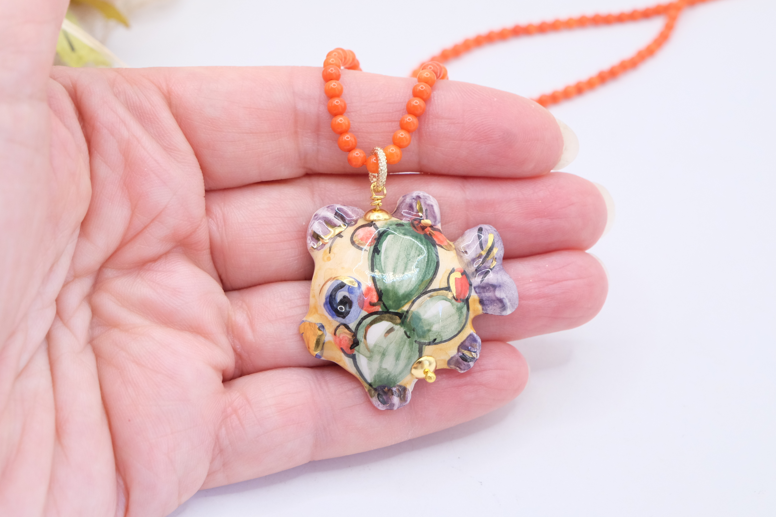 COLLANA ARTIGIANALE SICILIANA CORALLO BAMBOO PESCE CERAMICA DI CALTAGIRONE ORO ZECCHINI (4)