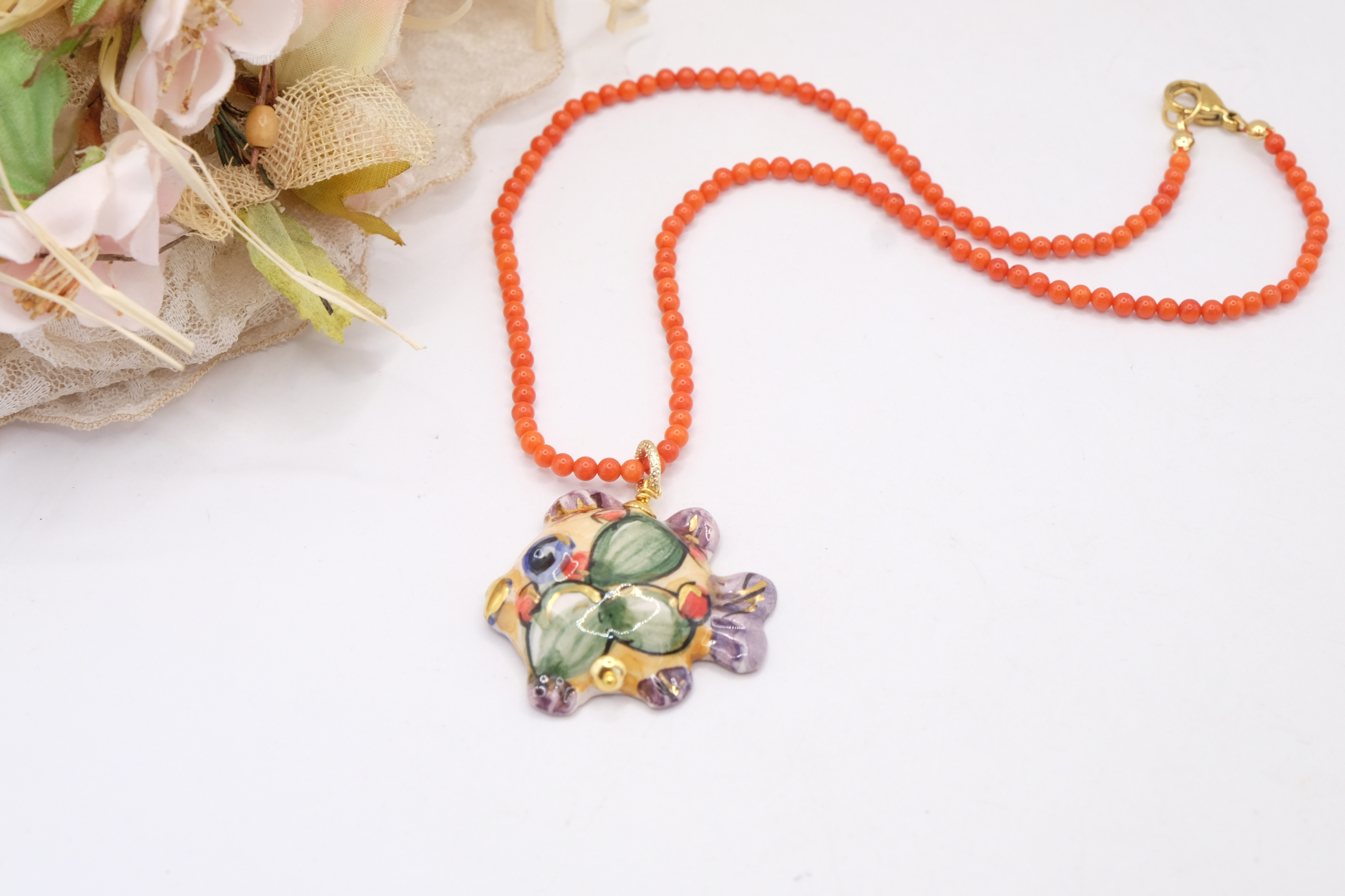 COLLANA ARTIGIANALE SICILIANA CORALLO BAMBOO PESCE CERAMICA DI CALTAGIRONE ORO ZECCHINI (5)