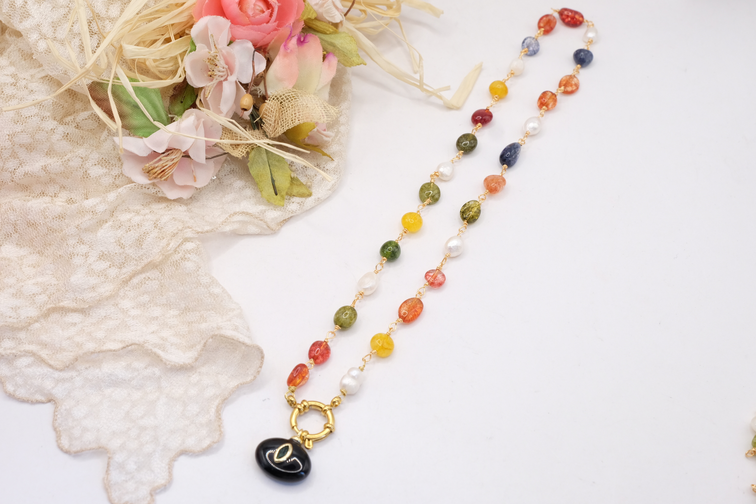 COLLANA ARTIGIANALE TORMALINE MULTICOLORE PERLE ONICE ZIRCONE (1)