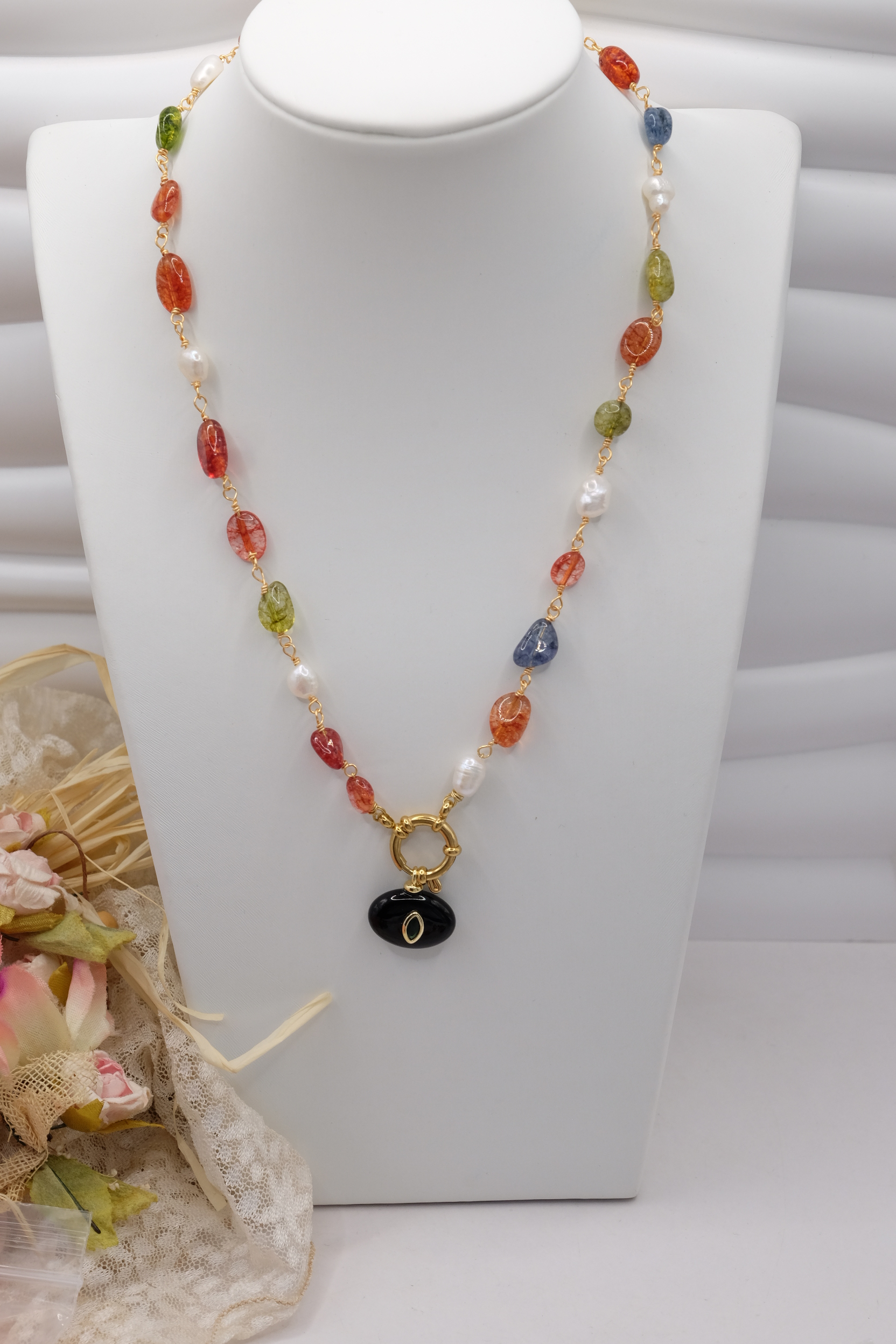 COLLANA ARTIGIANALE TORMALINE MULTICOLORE PERLE ONICE ZIRCONE (2)