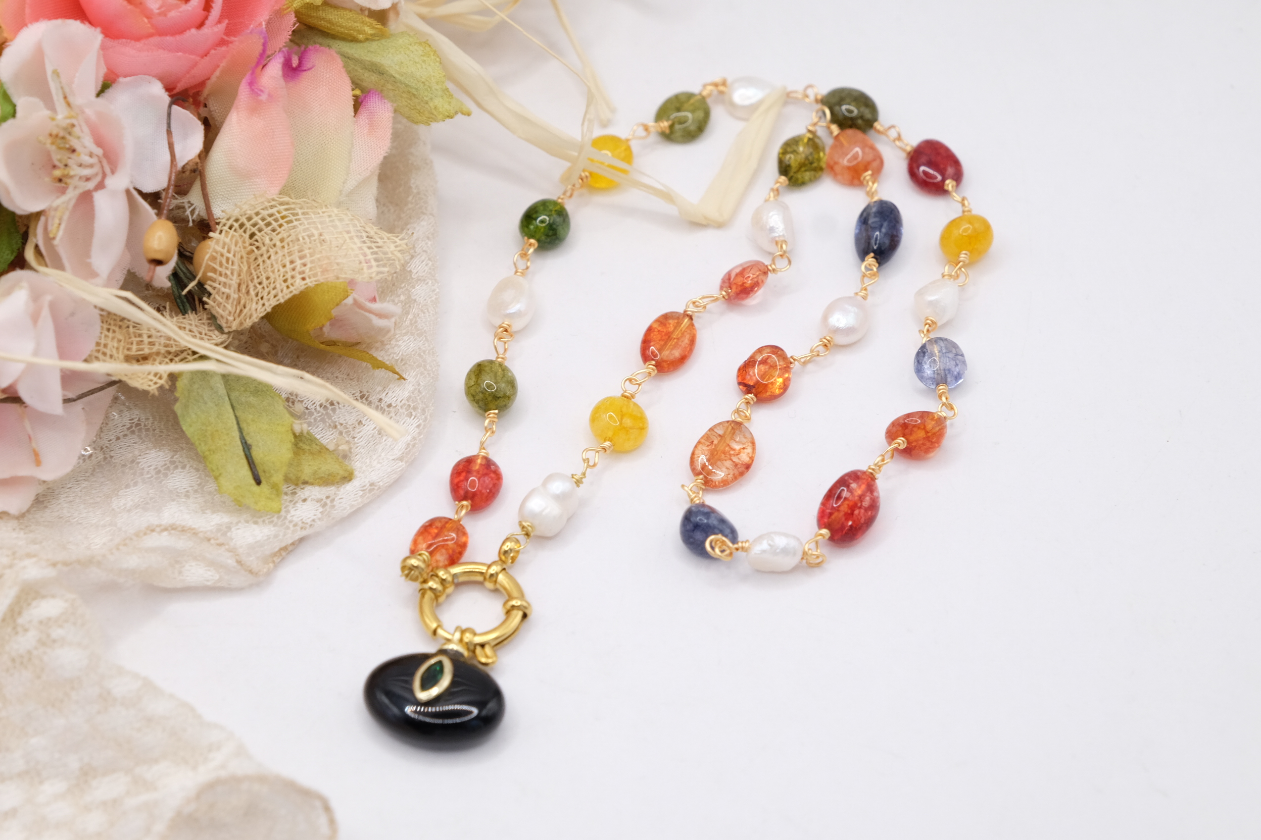 COLLANA ARTIGIANALE TORMALINE MULTICOLORE PERLE ONICE ZIRCONE (3)