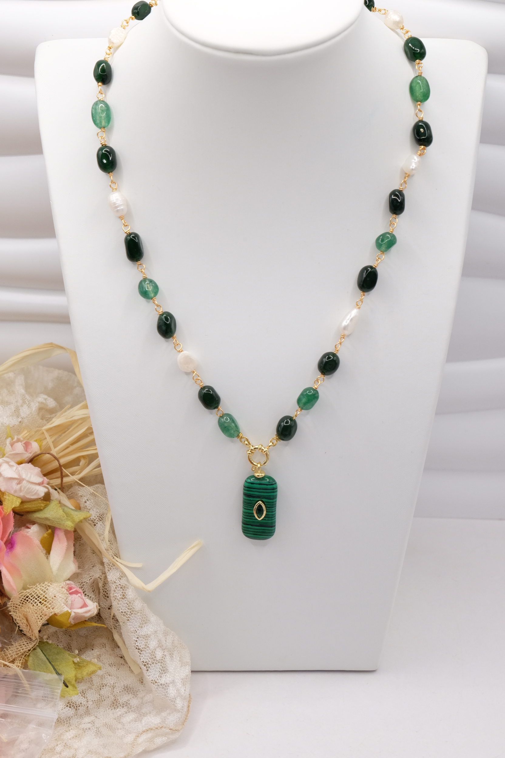 COLLANA ARTIGIANALE TORMALINE VERDI PERLE MALACHITE ZIRCONE (2)
