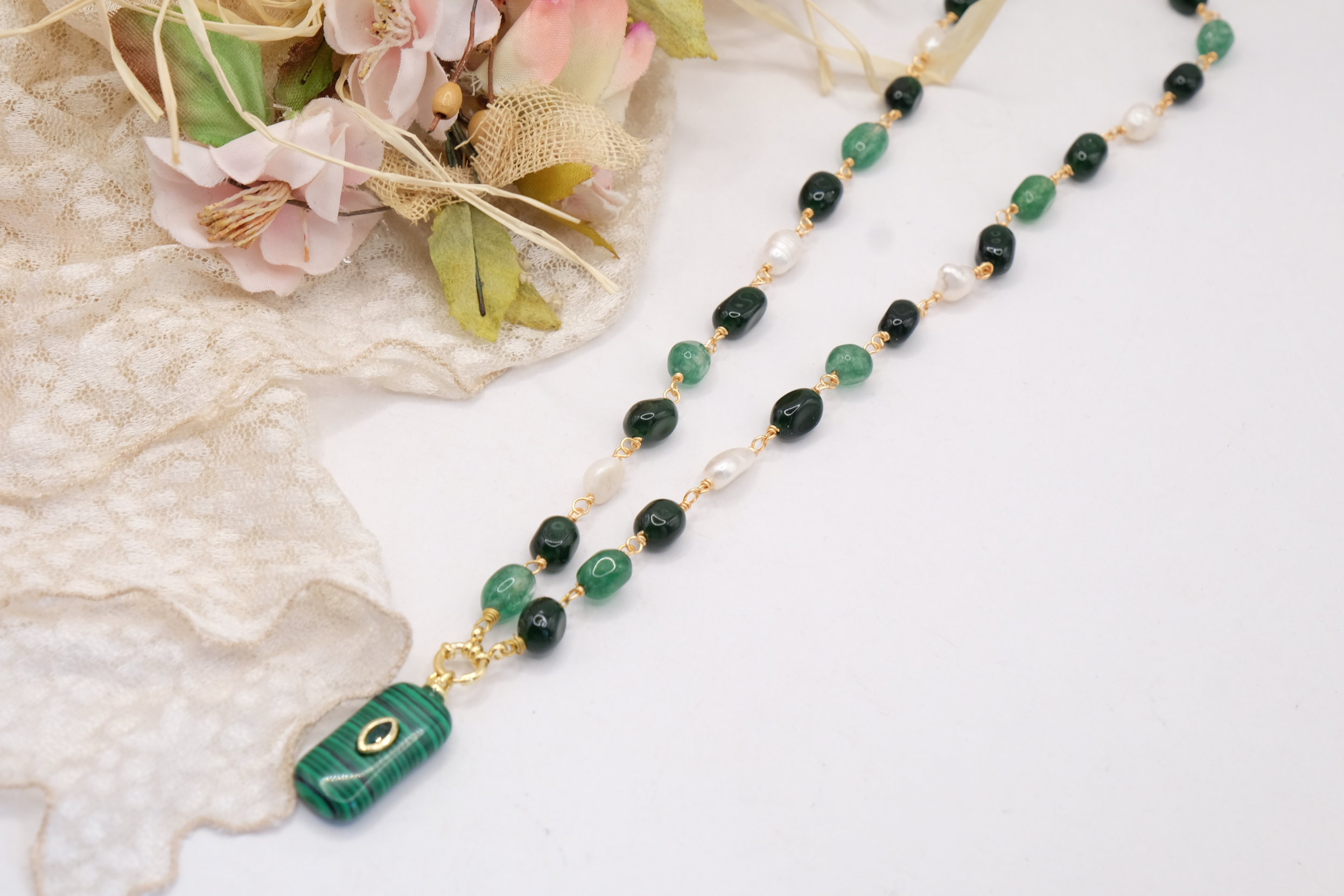 COLLANA ARTIGIANALE TORMALINE VERDI PERLE MALACHITE ZIRCONE (3)