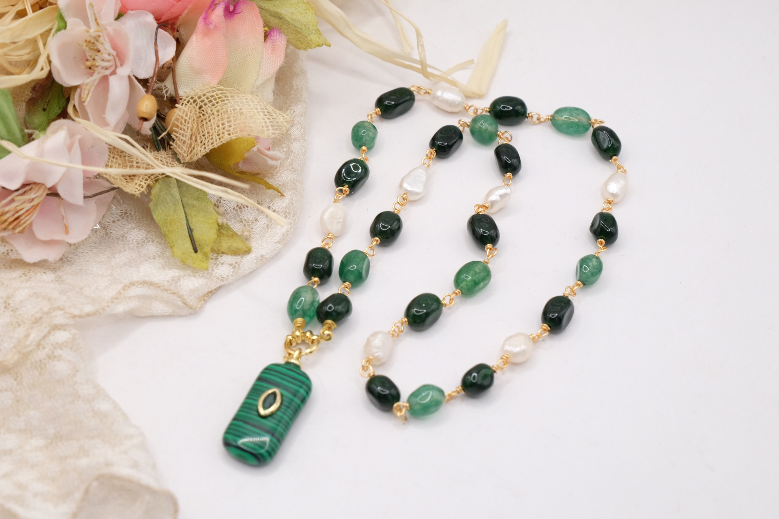 COLLANA ARTIGIANALE TORMALINE VERDI PERLE MALACHITE ZIRCONE (4)
