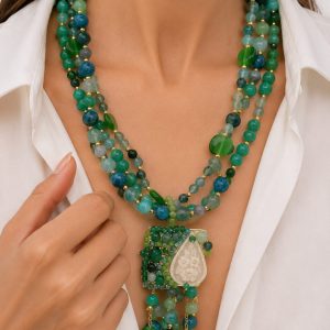 Collana Multifilo Tinte Verde Cammeo Giada Occhio di Gatto Agata Cristalli Cuori
