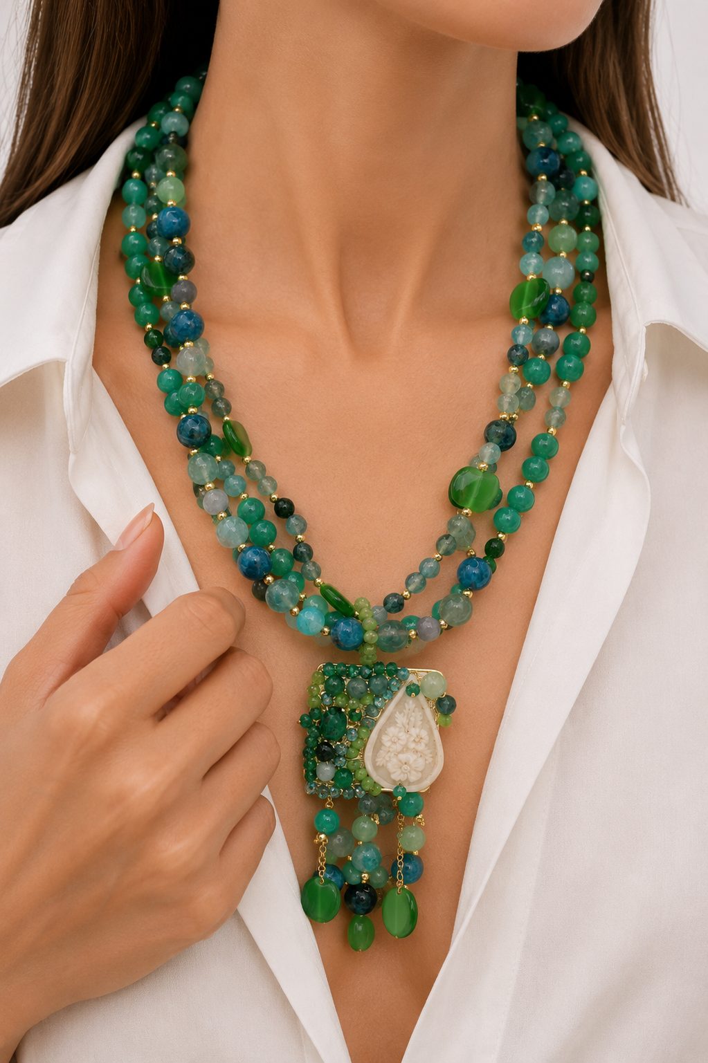 COLLANA ARTIGIANALE VERDE AGATA GIADA OCCHIO DI GATTO CENTRALE TESSITO CAMMEO CRISTALLO (1)