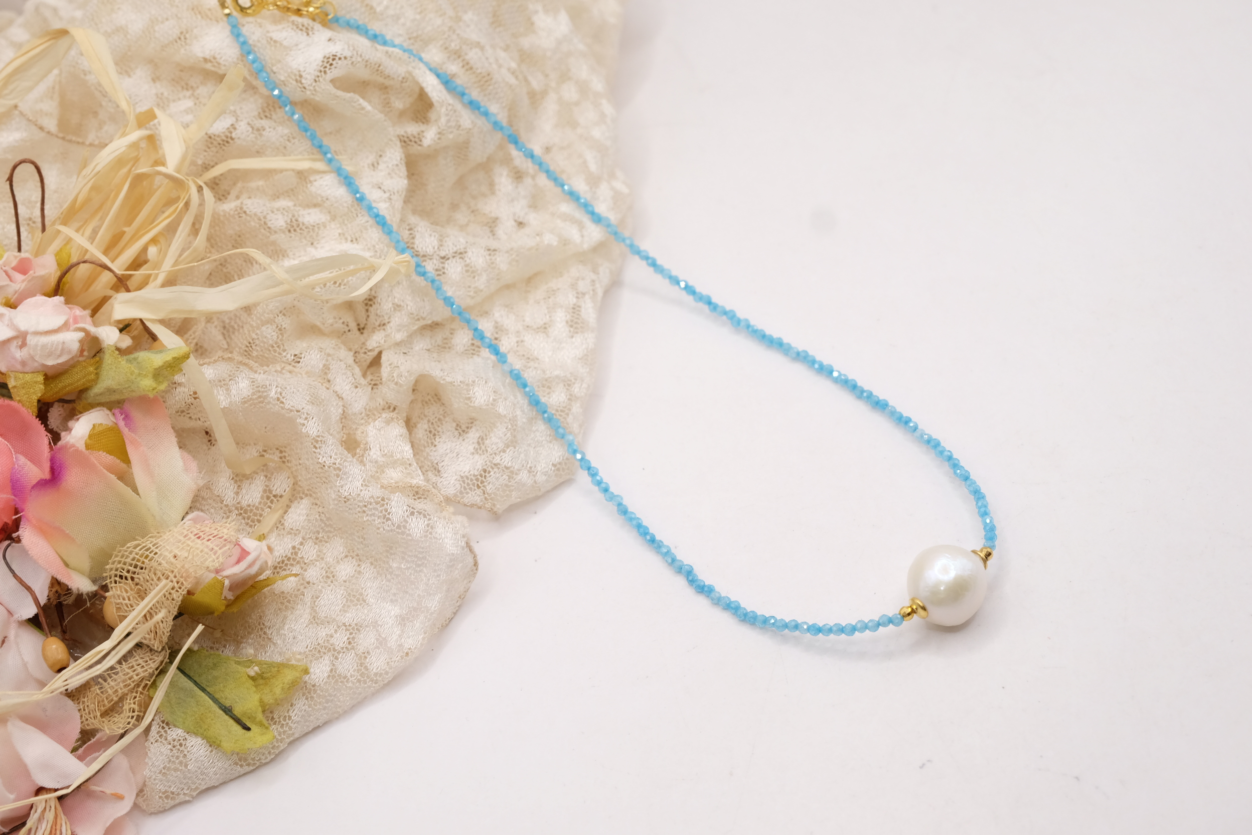COLLANA ARTIGIANALE ZIRCONI TURCHESE ARGENTO 925 PERLA NATURALE (4)