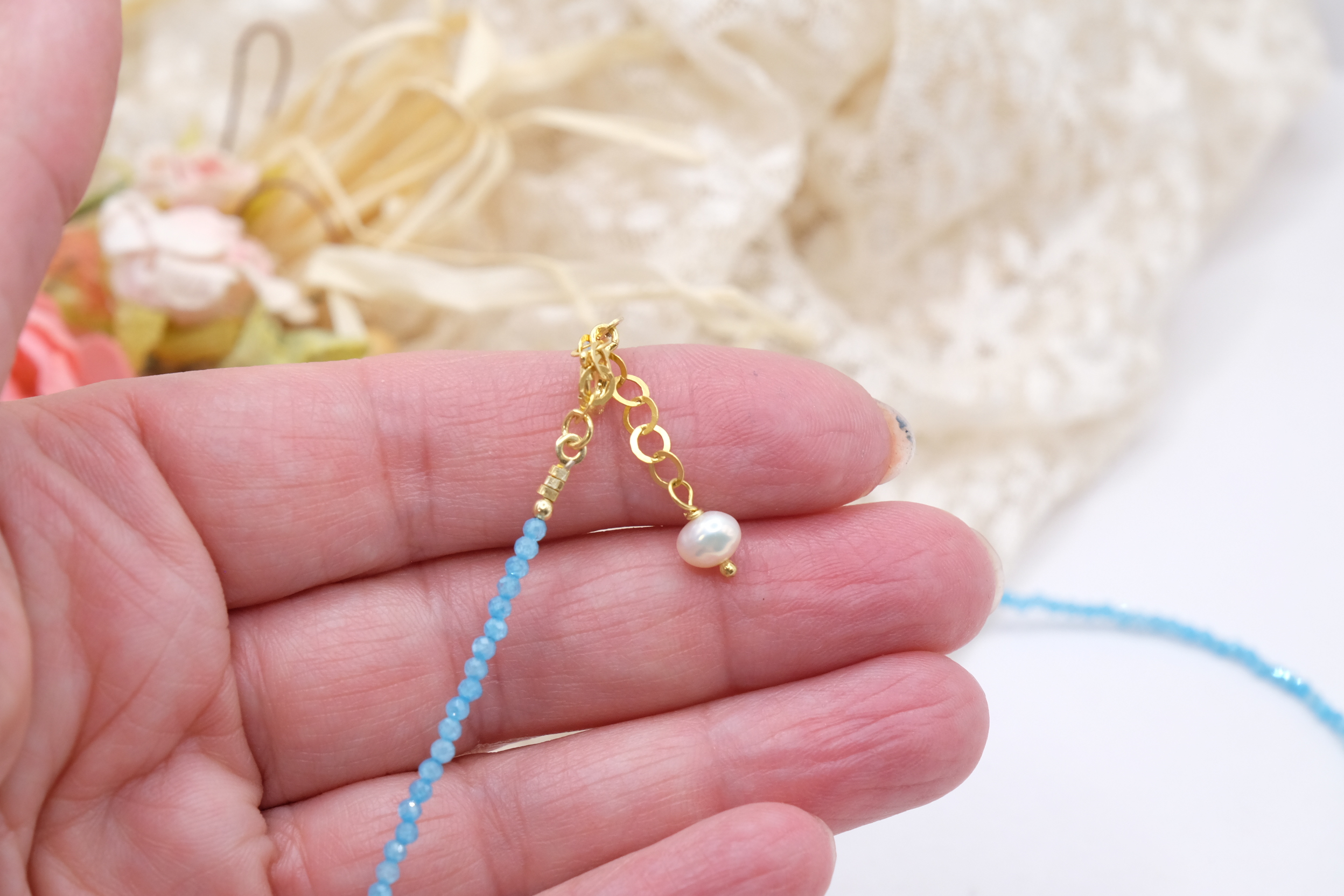 COLLANA ARTIGIANALE ZIRCONI TURCHESE ARGENTO 925 PERLA NATURALE (7)