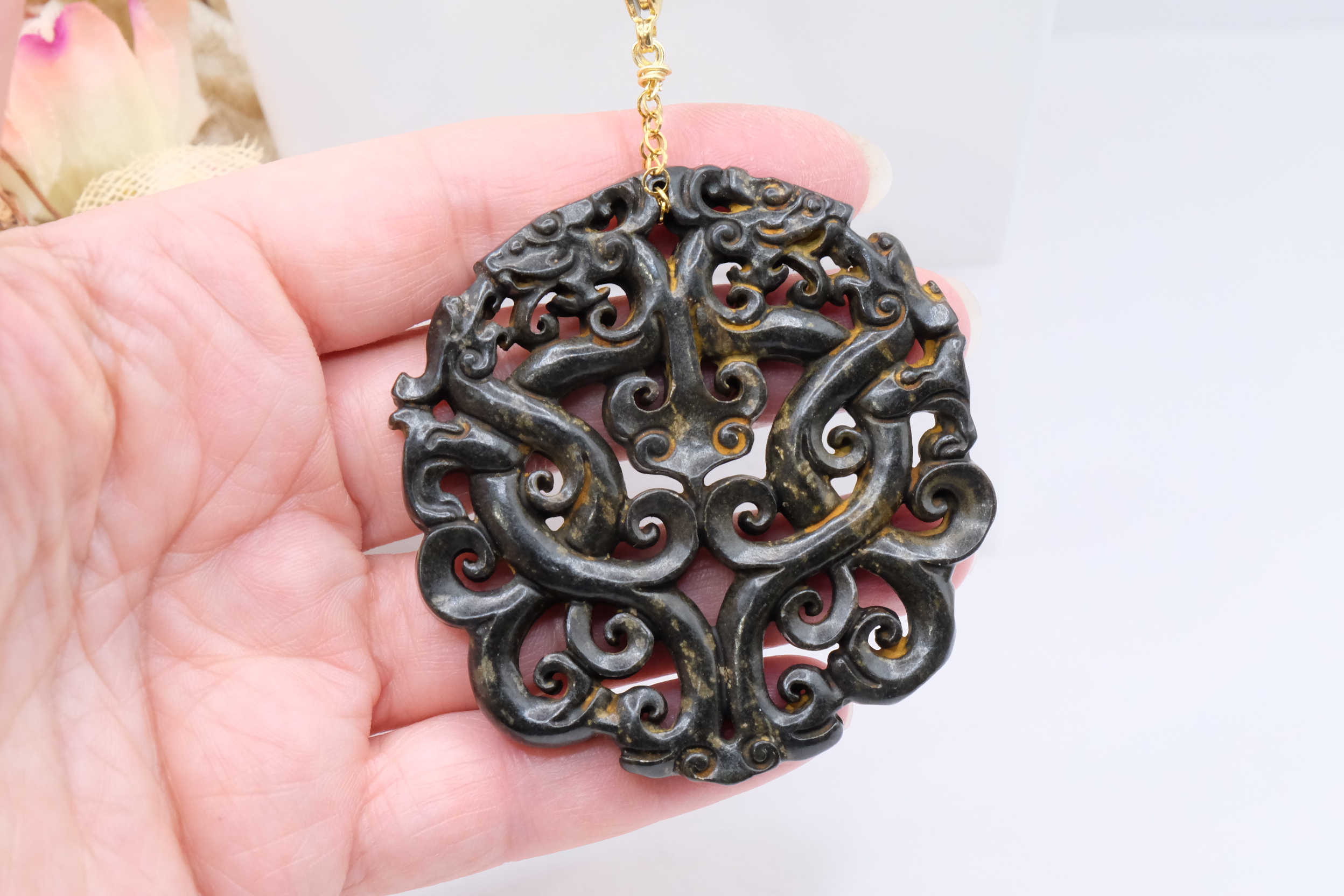 COLLANA BAMBOO CORALLO MANDALA NERO ARTIGIANALE (4)