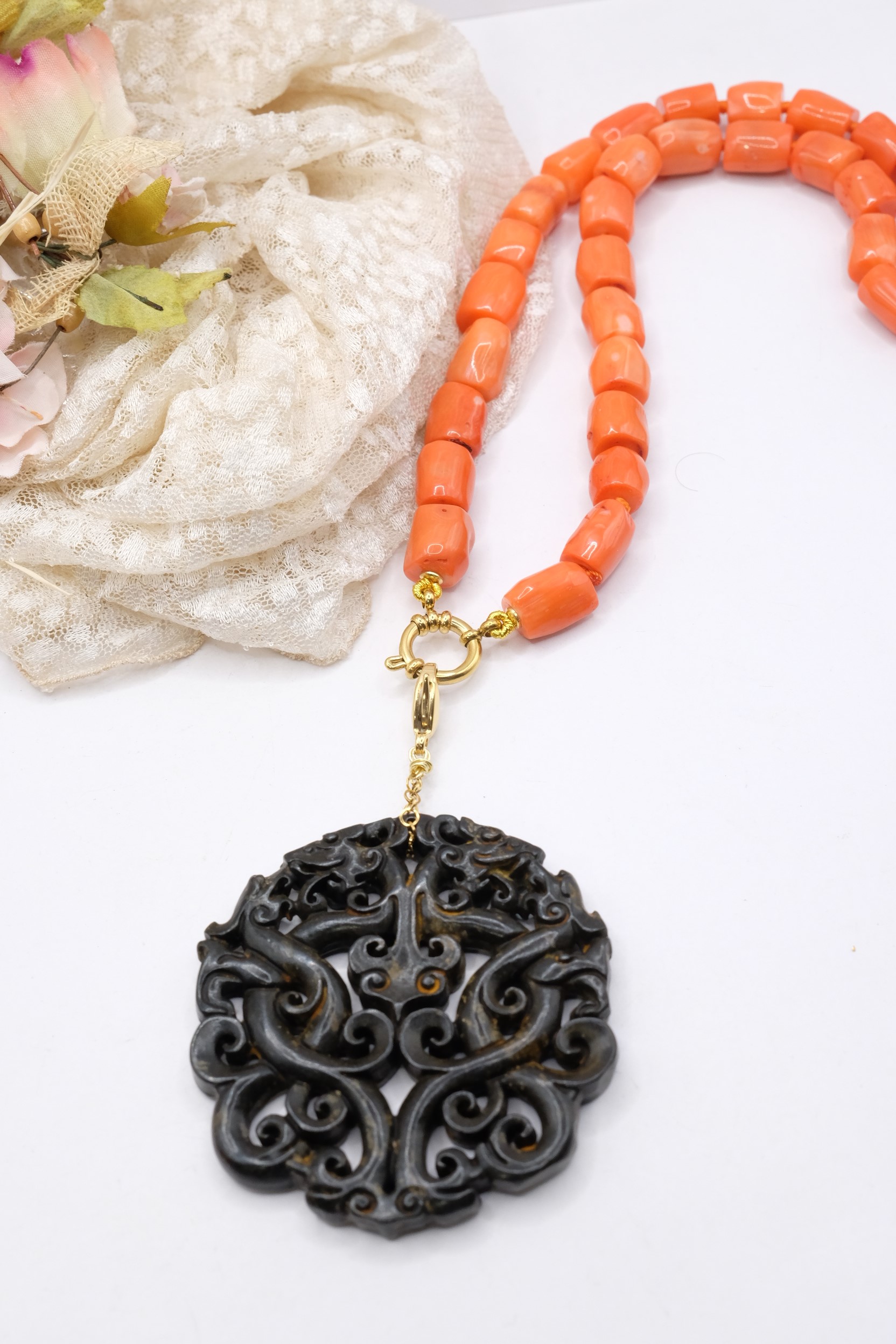 COLLANA BAMBOO CORALLO MANDALA NERO ARTIGIANALE (7)