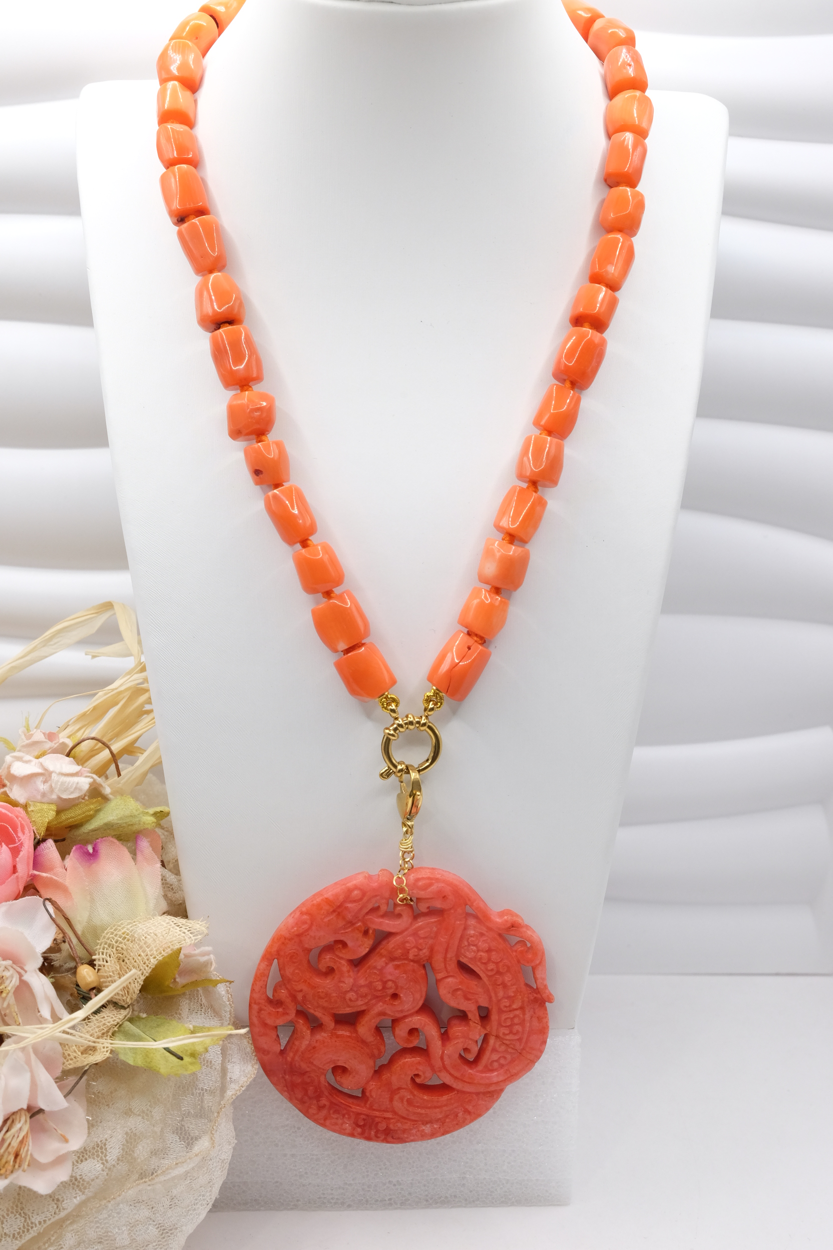 COLLANA BAMBOO CORALLO MANDALA ROSSO ARTIGIANALE (2)
